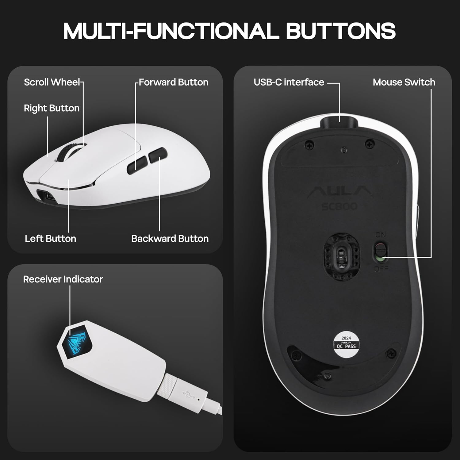AULA SC800 Gaming Mouse with Adjustable 26,000 DPI, PAW3395 Sensor, 8000 Polling Rate, Dual-Mode Wireless Lightweight Mouse, Ultra-Precise & Durable for Gaming & Esports & Office Use (White) - Black image number 5