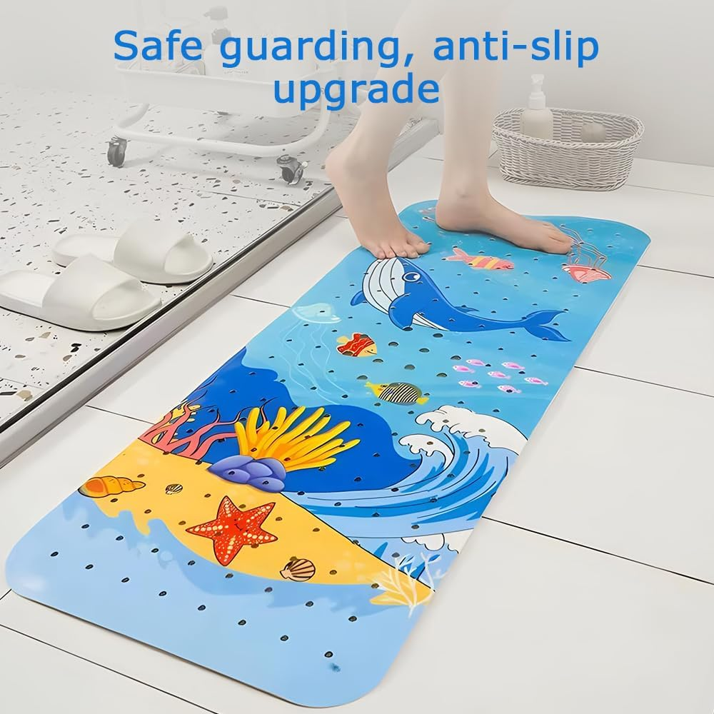 Bath Mat, Cartoon Non-Slip Bathtub Mat with Suction Cup Drain Holes, Bath Shower Mat Massage Mat Floor Tub Mats Machine Washable for Bathroom 100X40Cm(Blue Whale) image number 2