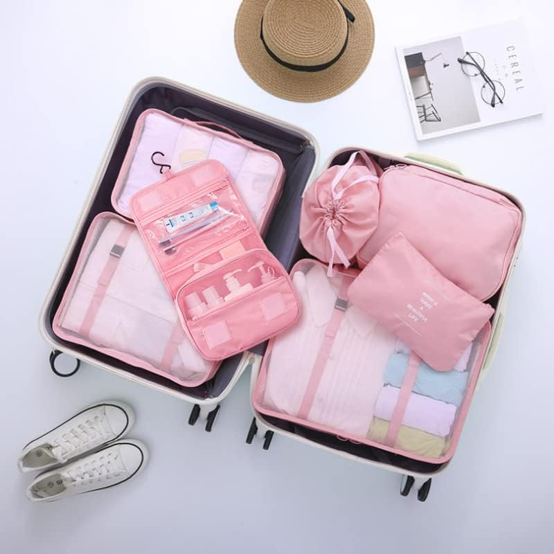 Packing Cubes for Travel, 7 Set Luggage Organizers with Shoe Bag, Electronics Bag, Cosmetics Bag, Accessories Bags Made with Wearable Waterproof Fabric (Pink) - Blue image number 6