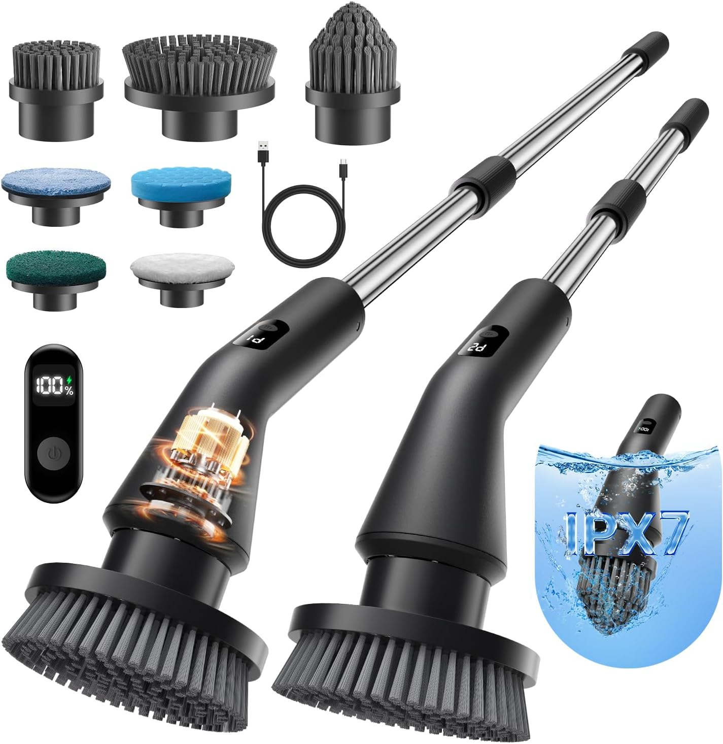 Leebein Electric Spin Scrubber, Upgraded Cordless Cleaning Brush Bathroom Scrubber, IPX7 Waterproof Shower Scrubber with 7 Brush Heads, Extendable Long Handle and 2 Speeds Scrubber for Bathtub Floor