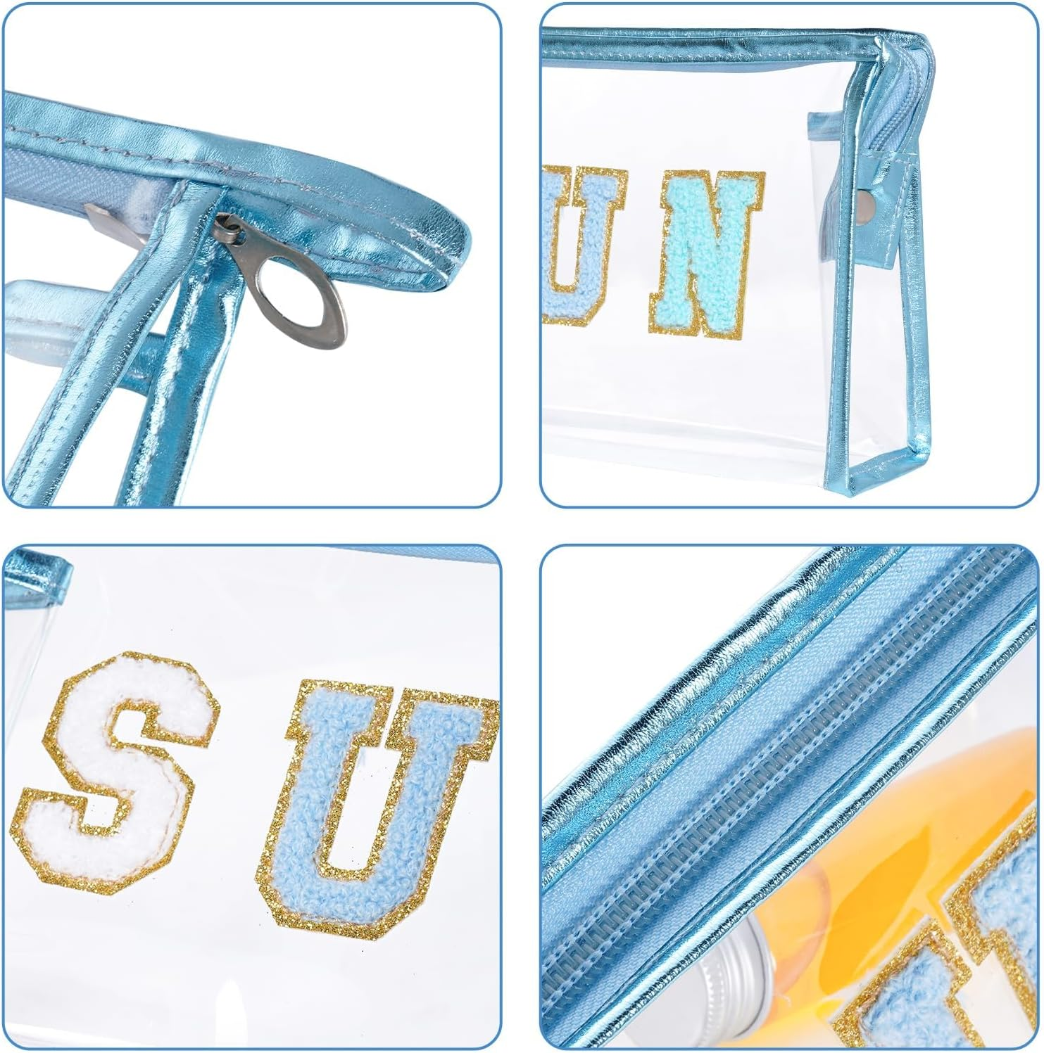 Clear Preppy Patch Makeup Bag, Sun Chenille Letter Bag for Beach, Clear Pouch with Zipper, Preppy Travel Bags Clear Cosmetic Toiletry Bag for Women Girls Teens (Blue) image number 3