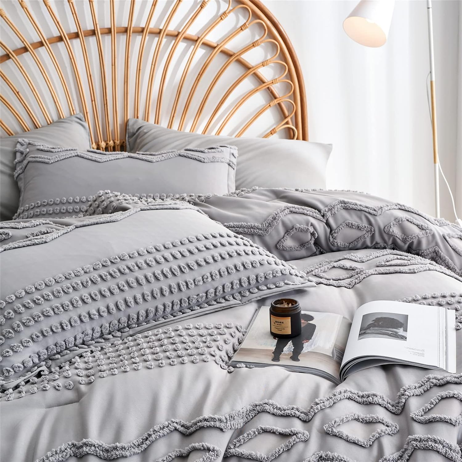 KAKIJUMN Grey Tufted Comforter Set King Size 7 Piece Bed in a Bag, Shabby Chic Boho Comforter and Sheet Set, Pom Pom Textured Bed Set, All Season Soft Microfiber Complete Bedding Set(Grey,King) image number 2