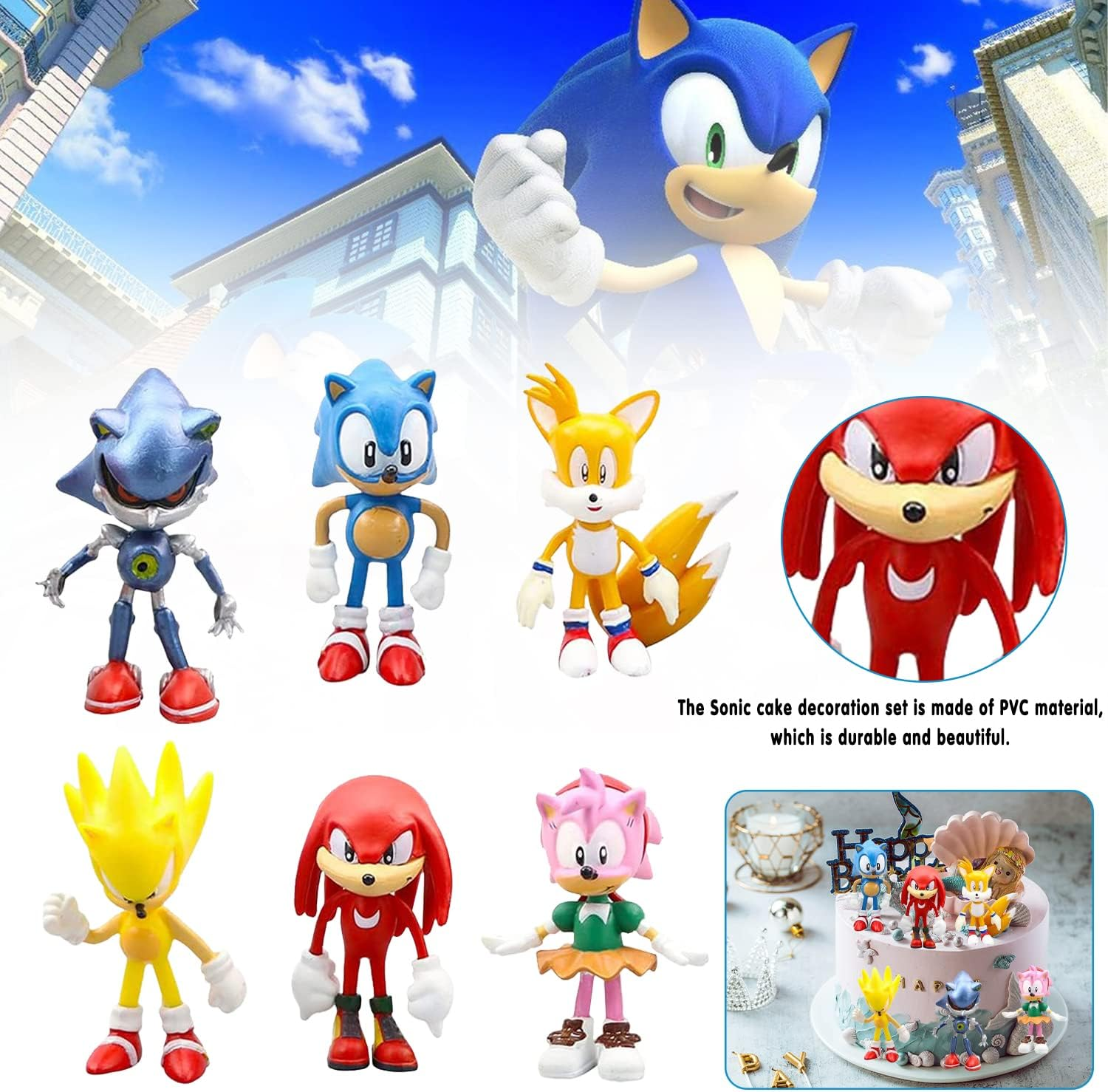 Sonic Cake Decoration Pack of 6 Toppers, Children'S Birthday Figures Set, the Hedgehog Mini Figures, Artoons Cake Topper image number 5
