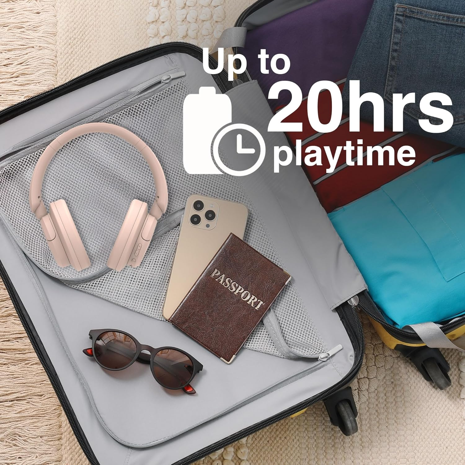 Laser Active Noise Cancelling Headphones, Bluetooth 5.3 Over-Ear Headset with Built-In Mic, 20H Battery, USB C Fast Charging, Foldable, Pink - Compatible with Phones, Laptops, and Tablets - Black image number 7