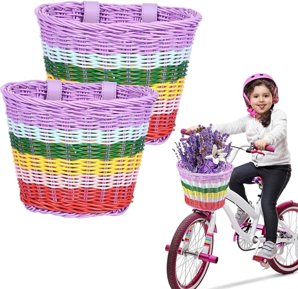 2-Piece Kids Bicycle Basket &ndash; Hand-Woven Rainbow Color Bike Baskets for Toddlers, Waterproof Tricycle and Scooter Basket with Adjustable Strap for Boys and Girls
