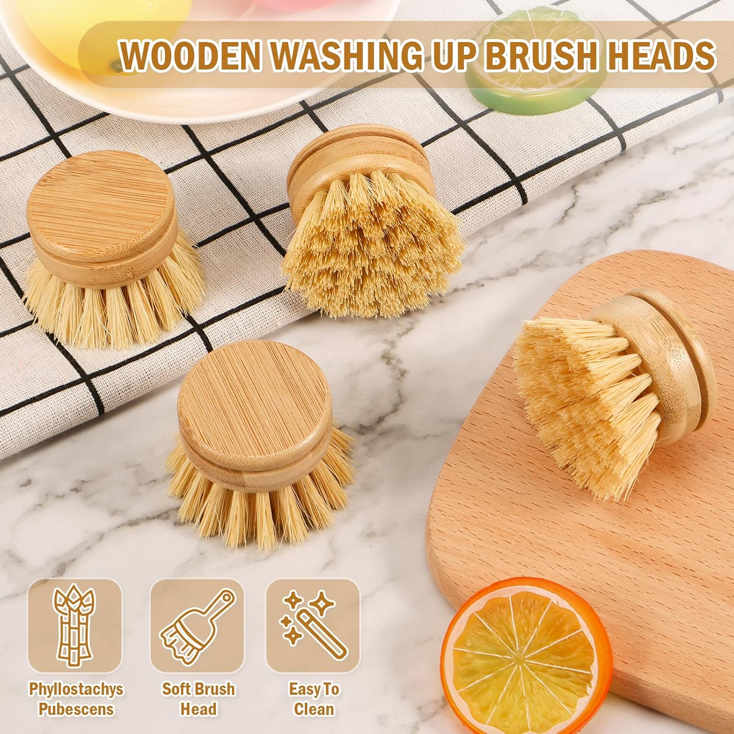 Bamboo Dish Brush,6 Replacement Heads,Natural Washing up Brushes Heads,Soft Sisal Bristle Dish Scrubber, Dish Scrub Brush Replacement Brush Refill,Palm Brush for Kitchen Cleaning Pots Pans image number 4