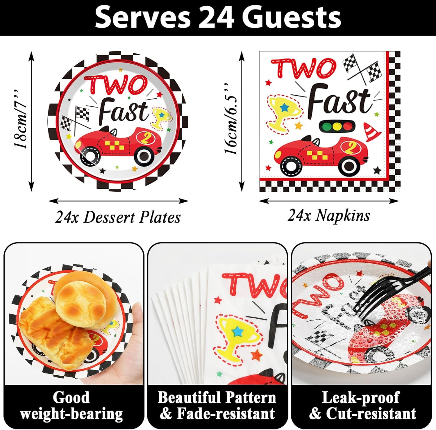 Two Fast Birthday Party Supplies Serves 24 Race Car 2Nd Party Paper Plates Napkins Set Racing Car Tablecloth Tableware Kit for Two Years Old Party Baby Shower Decorations Favors for Boys, Serve 24 image number 3