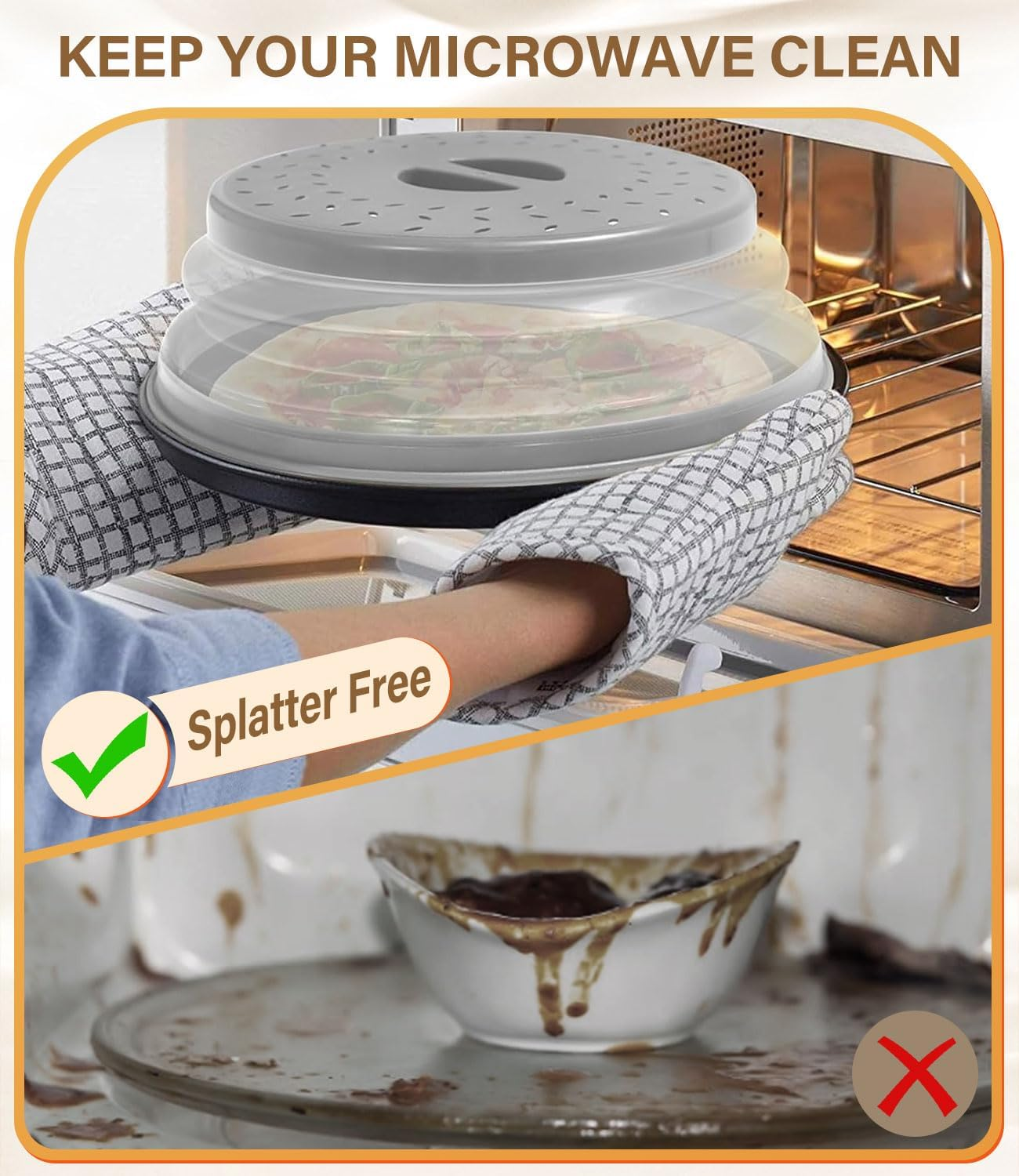 Microwave Cover Collapsible - 3 Pack Silicone Food Plate Lid Covers 21.5/27/31 Cm, BPA Free Vented Splatter Guard Lid with Grip Handle, Kitchen Gadget with Steam Vent & Colander for Meal Prep