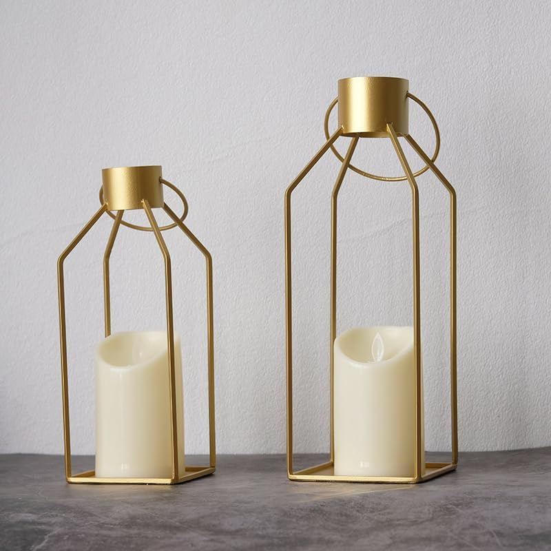 Modern Farmhouse Lantern Decor,2 Pack Black Metal Candle Lantern Front Porch Decor for Home Decor, Living Room, Fireplace, No Glass for Indoor Outdoor Decorations (Excluding Candles) (Gold) image number 2
