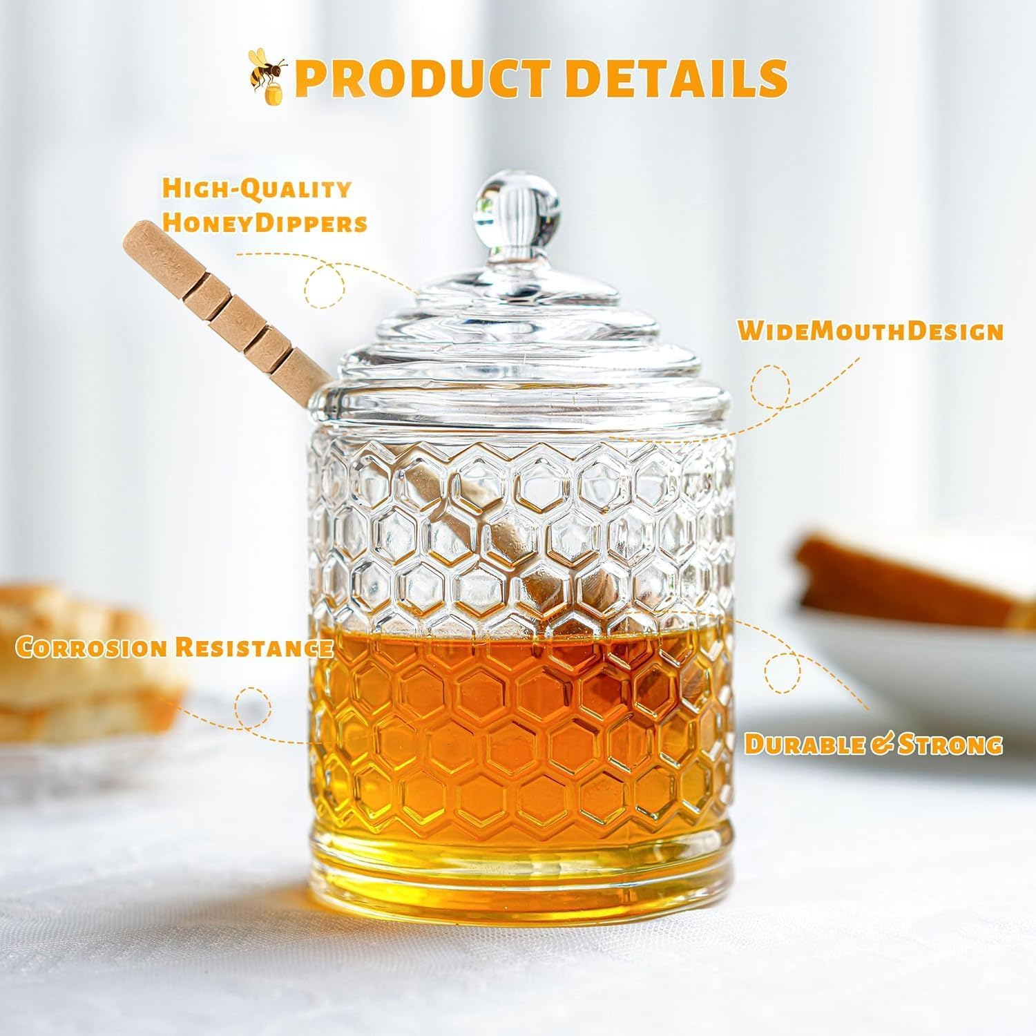 Kanpura Clear Crystal Honey Pot with Dipper and Lid Glass Honey Jar with Dispenser Honey Holder and Syrup Container for Home Kitchen,9 Oz image number 1