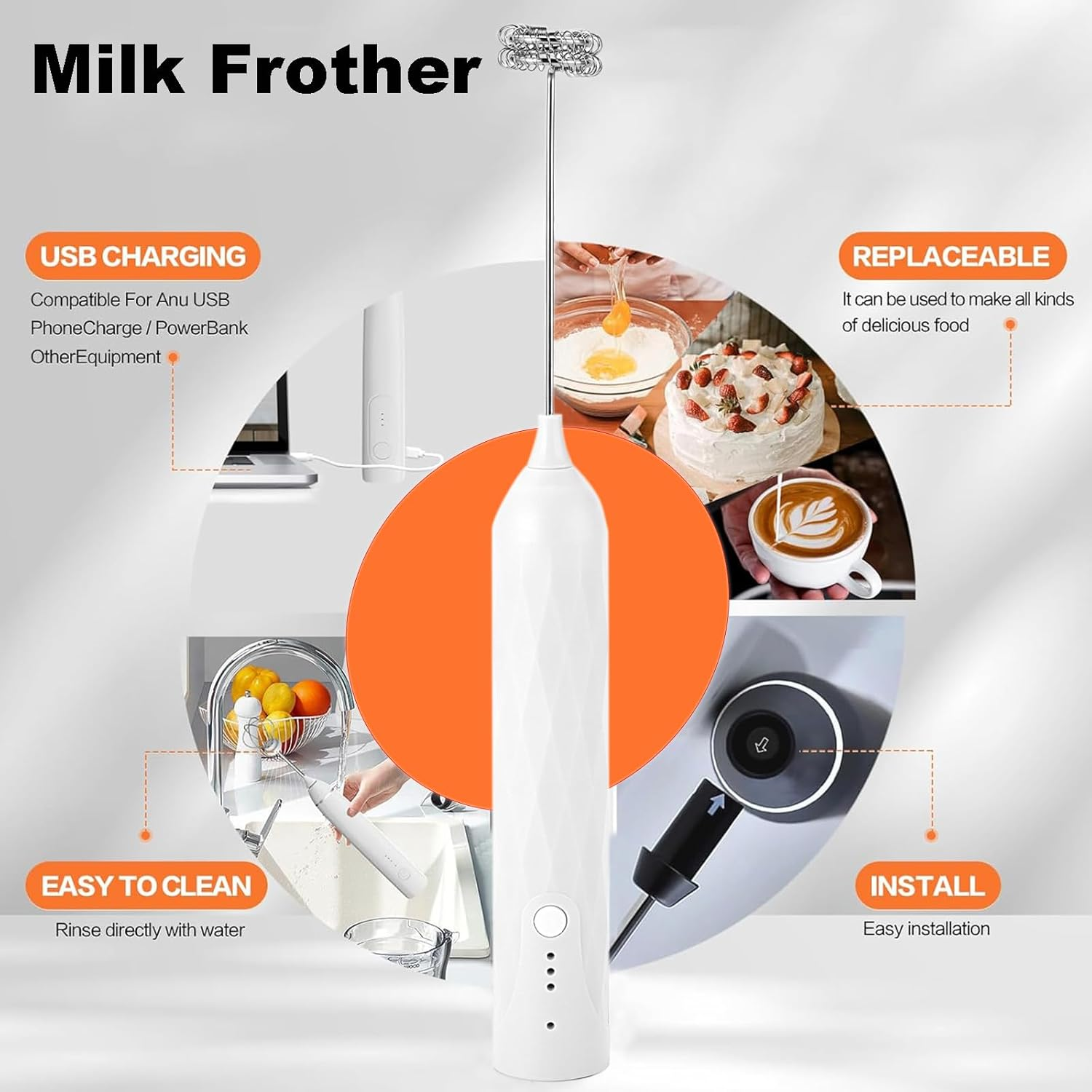 Milk Frother Handheld, Coffee Frother Rechargeable Electric Whisk with 2 Stainless Steel Whisks, 3 Gear Adjustable Drink Mixer Milk Foamer for Cappuccino Latte Coffee Hot Chocolate image number 3