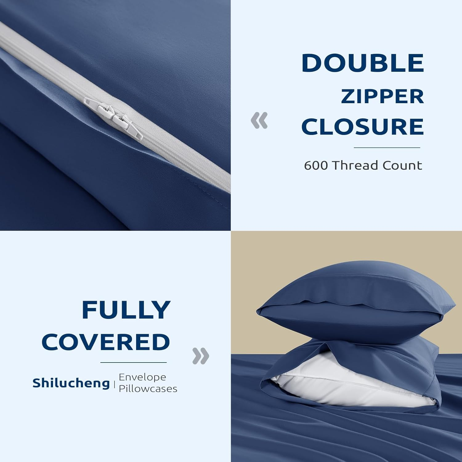 Shilucheng 100% Cotton Full Size Duvet Covers - 600 Thread Count, Luxury Sateen Weave Egyptian Cotton Comforter Cover with Zipper Closure & Corner Ties，Hotel Bedding Duvet Covers 3 Piece (Navy Blue) image number 5