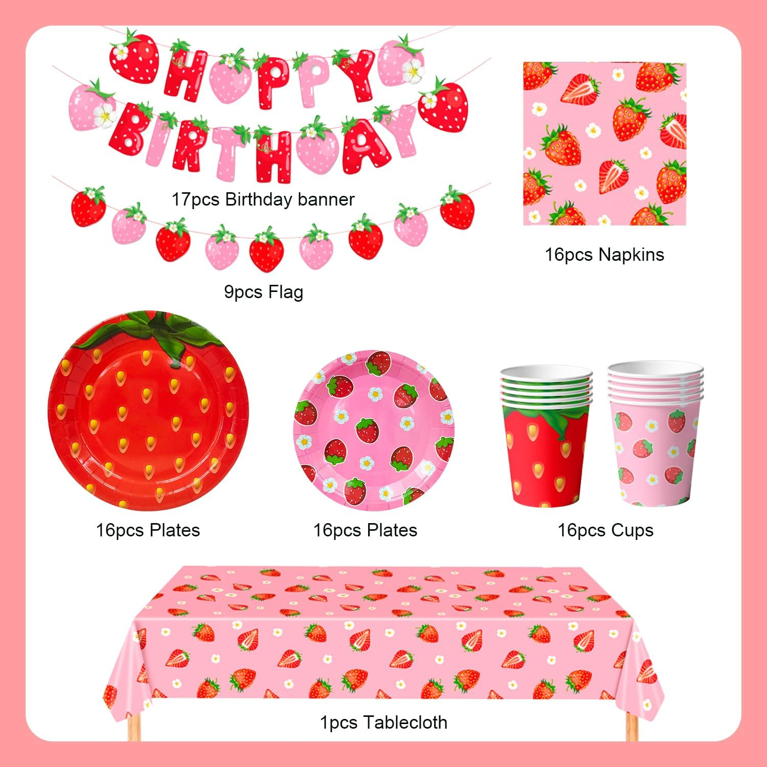 Strawberry Birthday Tableware, 91Pcs Strawberry Party Tableware Set - Strawberry Birthday Party Plates Napkins Cups Tablecloth Etc Strawberry Baby Shower Tableware for Strawberry Birthday Decorations image number 4