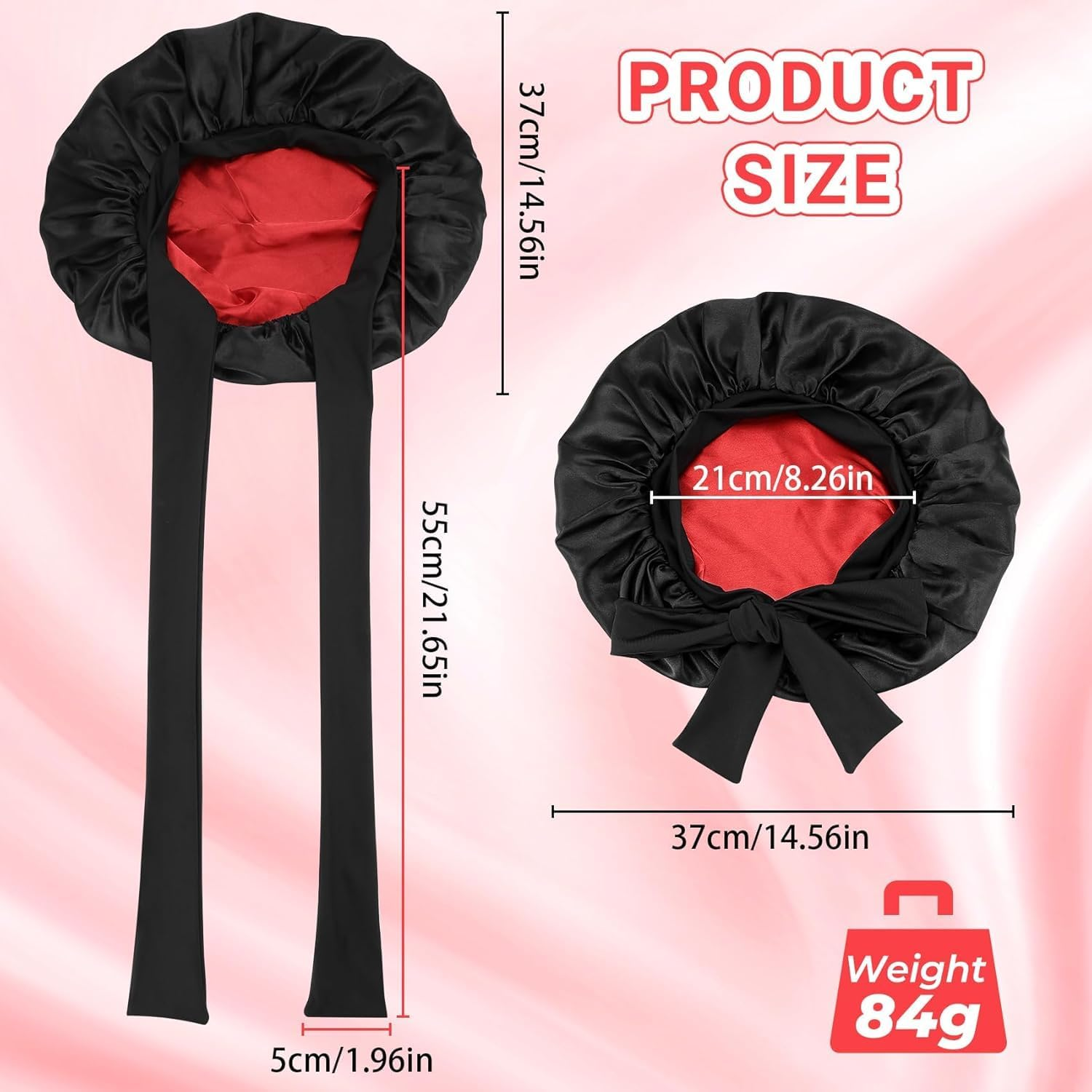 ZUJIACUN Large Satin Shower Cap, Double Adjustable Tie Strap to Protect Curly, Natural, Braided Hair - Perfect for Evening, Gym, Yoga (Black + Red) image number 3