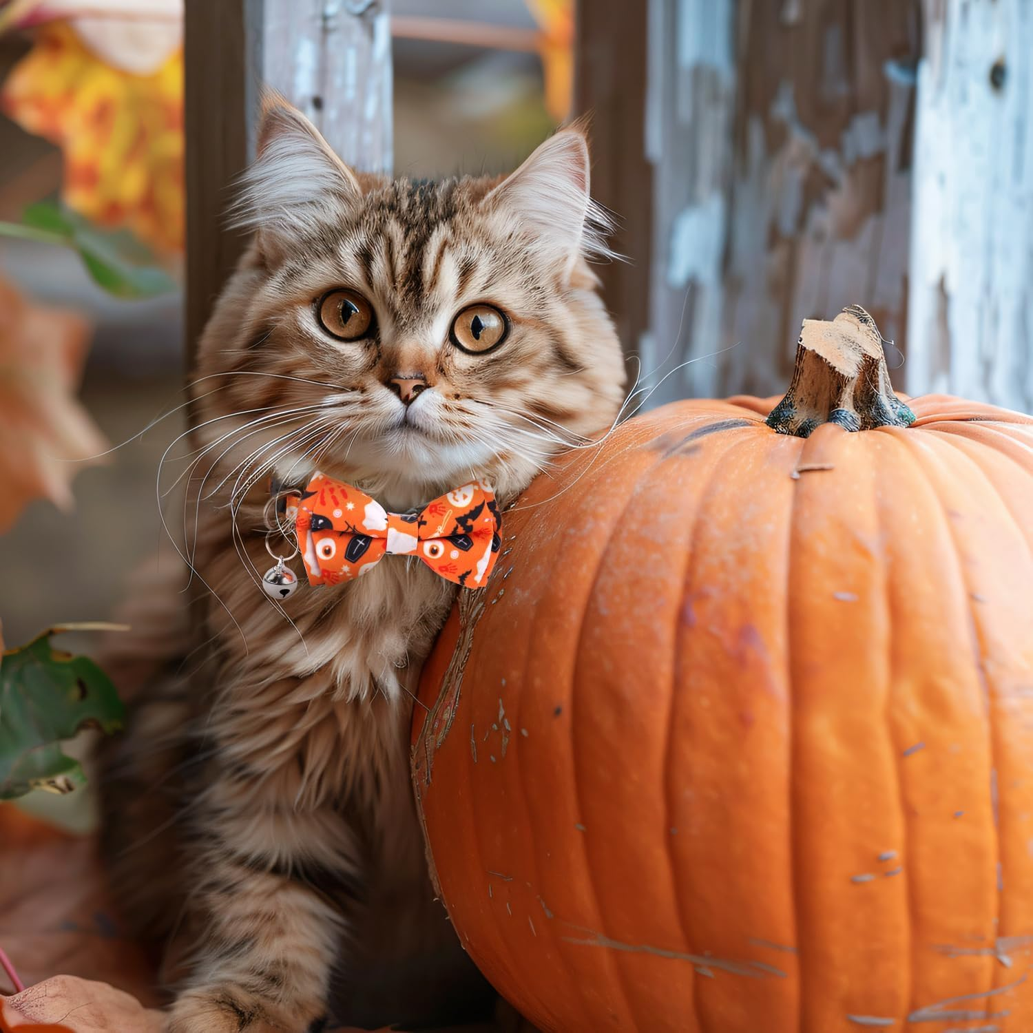 2 Halloween Cat Collars, Adjustable Cotton Fabric Cat Collar with Bell Soft and Comfortable Cats with Bow (Black+Skull, Orange+Pumpkin) image number 2