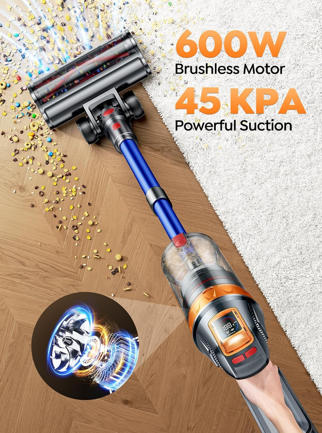 SMOTURE Cordless Vacuum Cleaner, 600W/45Kpa 60Mins Stick Vacuum for Home, Self-Standing Vacuum Cleaner with Mattress Brush, Wall Mount Charging, Auto Mode, Anti-Tangle Vacuum for Pet Hair/Carpet/Floor image number 6