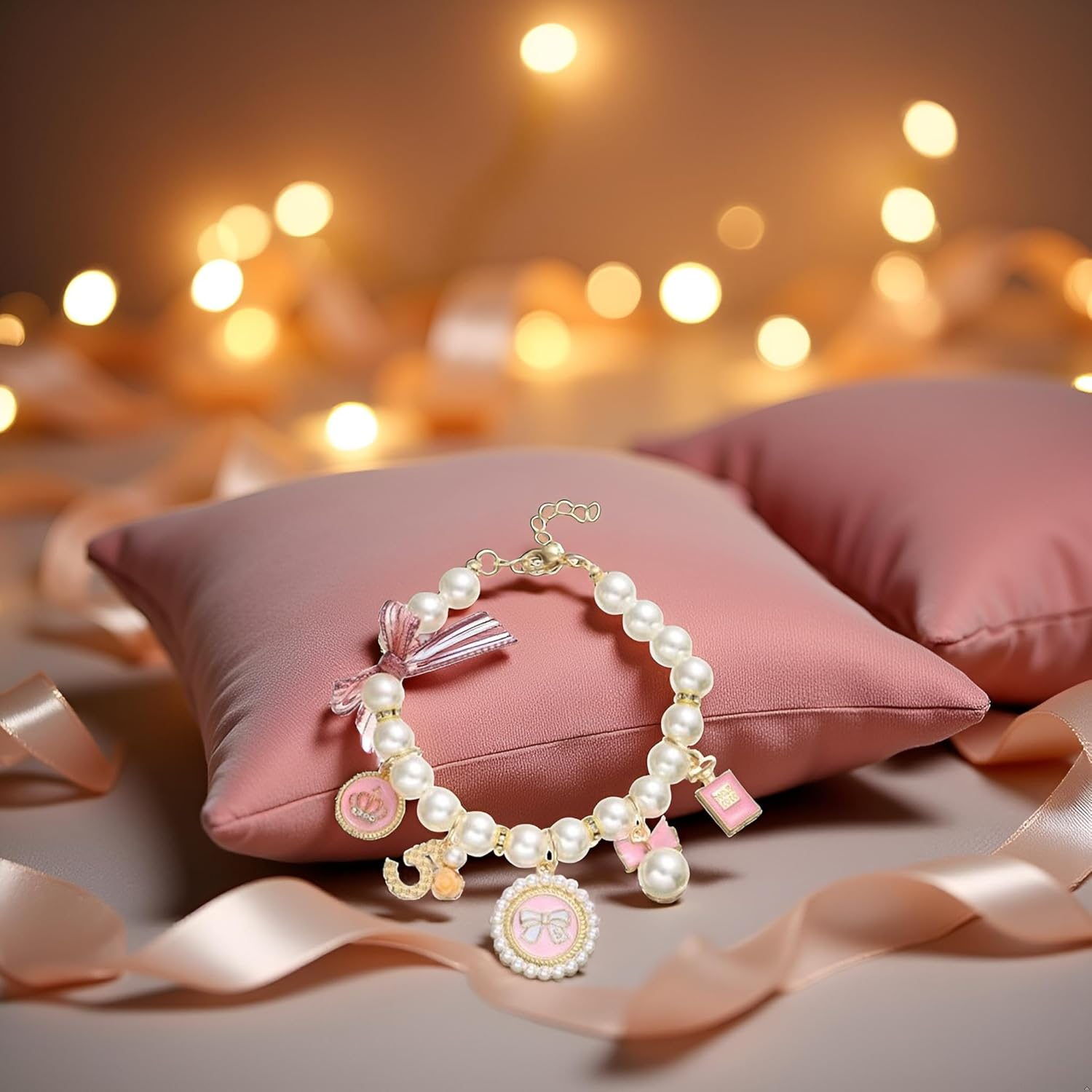 Pink Dog Pearl Collars Pet Necklace Princess Bow Necklace Sweet Bow Cute Collar Puppy Accessories Cat Jewelry Pearl Neck Strap Basic Collars for Dog Cat Adjustable Jewelry Collars(S) image number 5