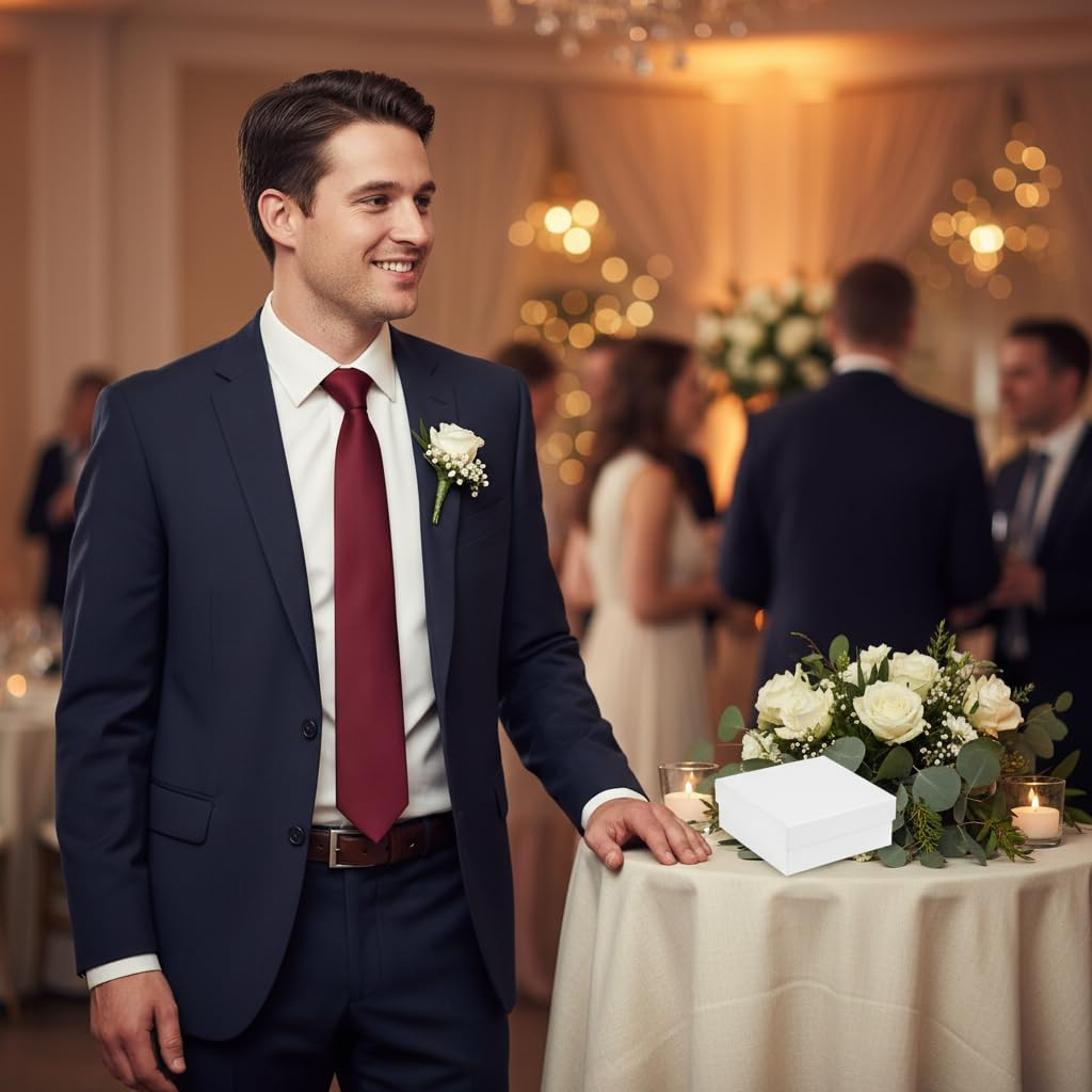 Mens Red Tie, Burgundy Skinny Tie, Satin Fabric Necktie for Business and Wedding, Red Wine Tie, 59X2.4X1.4 Inches, Compatible with Various Occasions, Ruibex