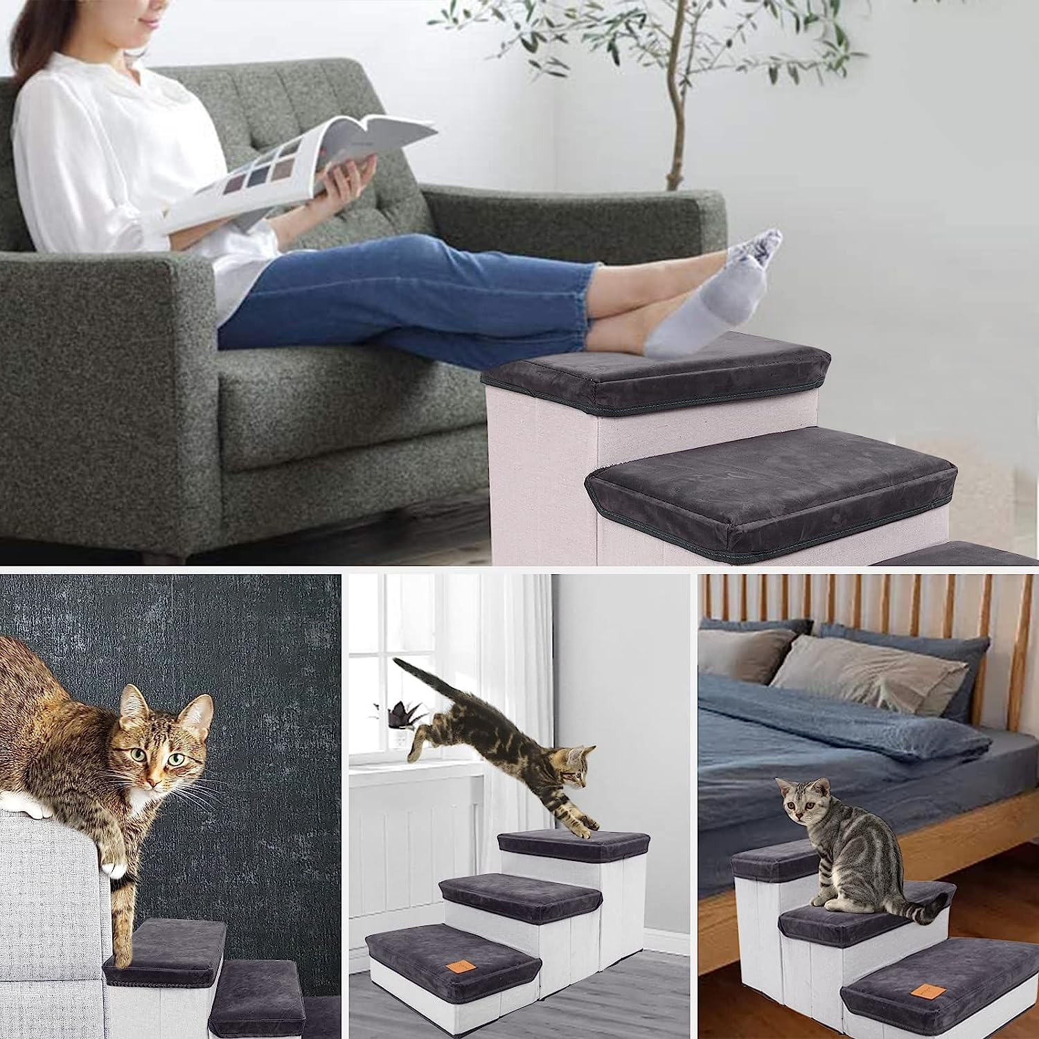 CULOTOL Dog Stairs for Small Pets - 3 Storage Boxes, Foldable Steps for Beds and Couch, Non-Slip Bottom image number 3