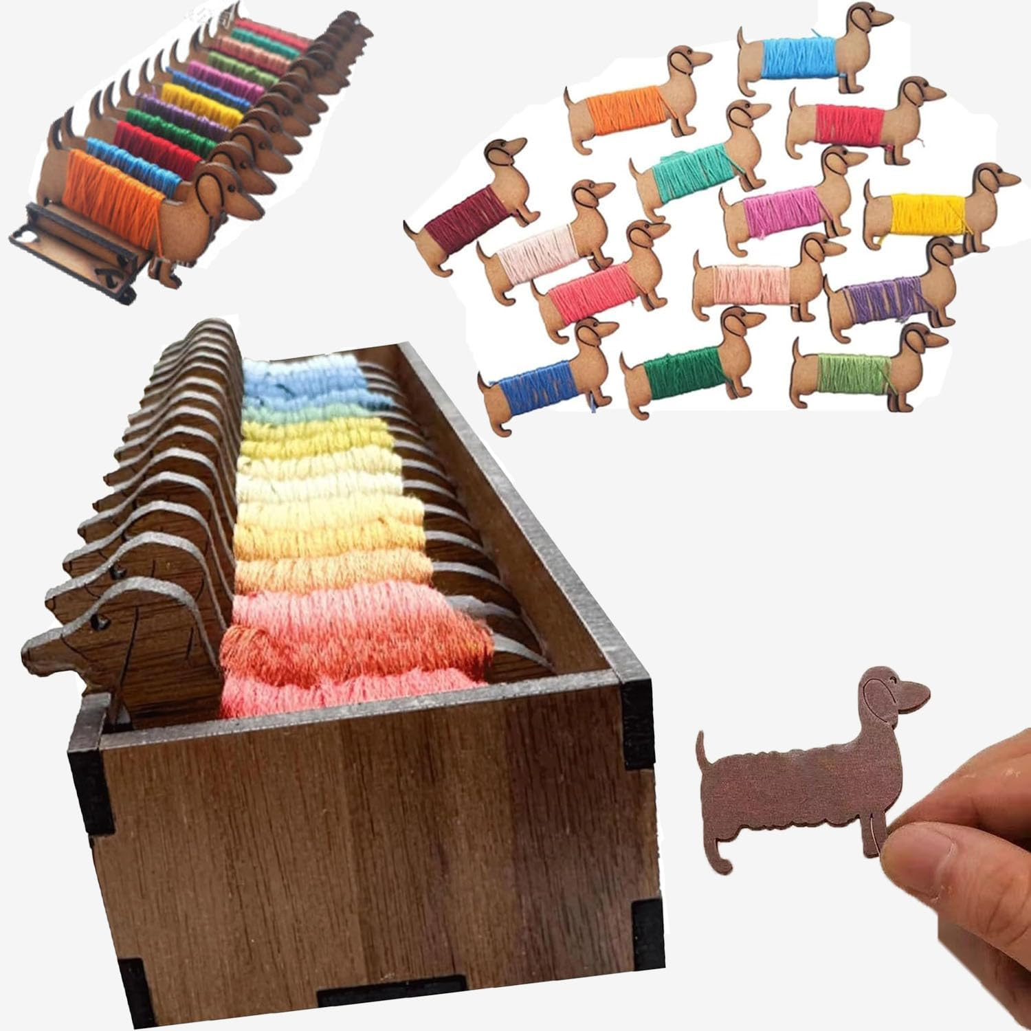 Wooden Animal Bobbin Set, Dachshund Bobbin Set, Embroidery Floss Bobbins, Sewing Thread Organizer, Embroidery Floss Organizer Box with Bobbins (15 Dachshund Spools+Fence) image number 1
