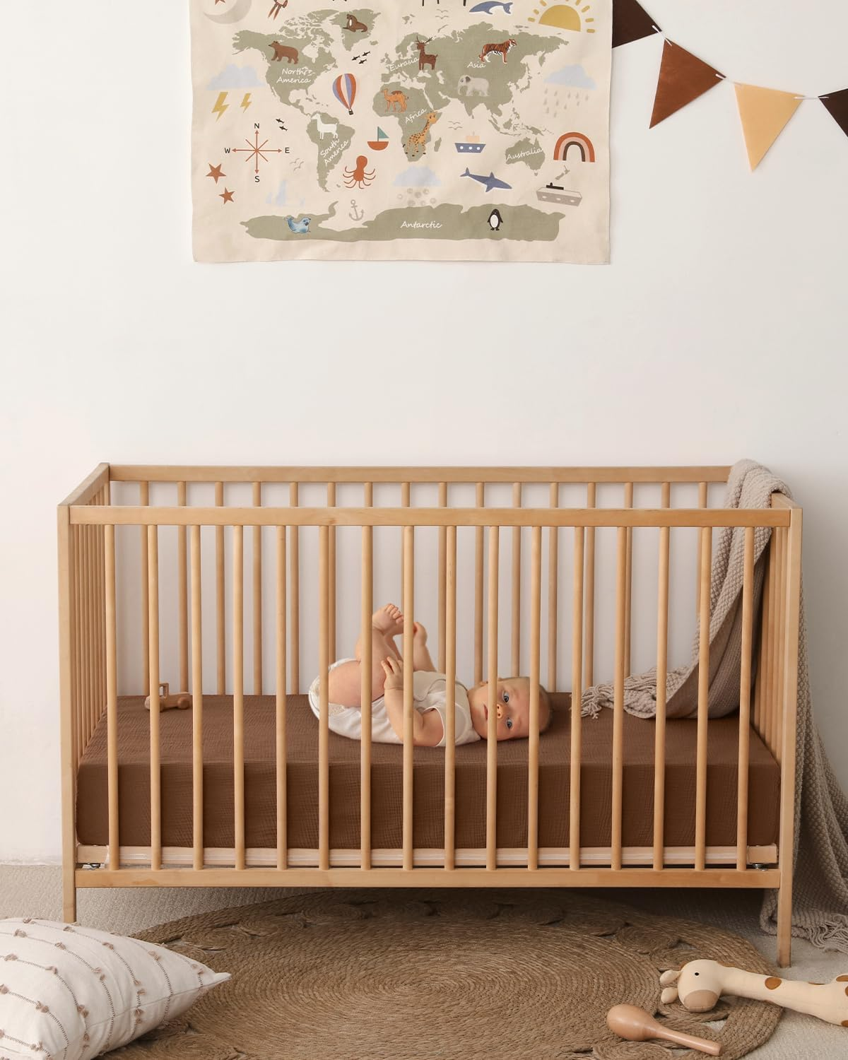 Blissful Diary Muslin Crib Sheets for Girls and Boys, 100% Cotton Boho Neutral Fitted Baby Sheet Standard Mattress & Toddler Bed (52''X28''), Soft Breathable 2 Pack (Sunshine&Brown) image number 6