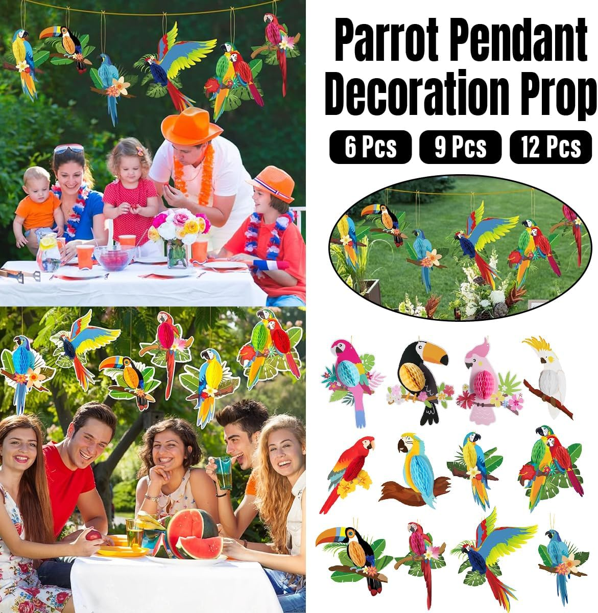 AIMALL 9X Tropical Parrot Honeycomb Decorations - Vibrant Hawaiian Hanging Birds for Summer Party, Bar, Wall Decor image number 2