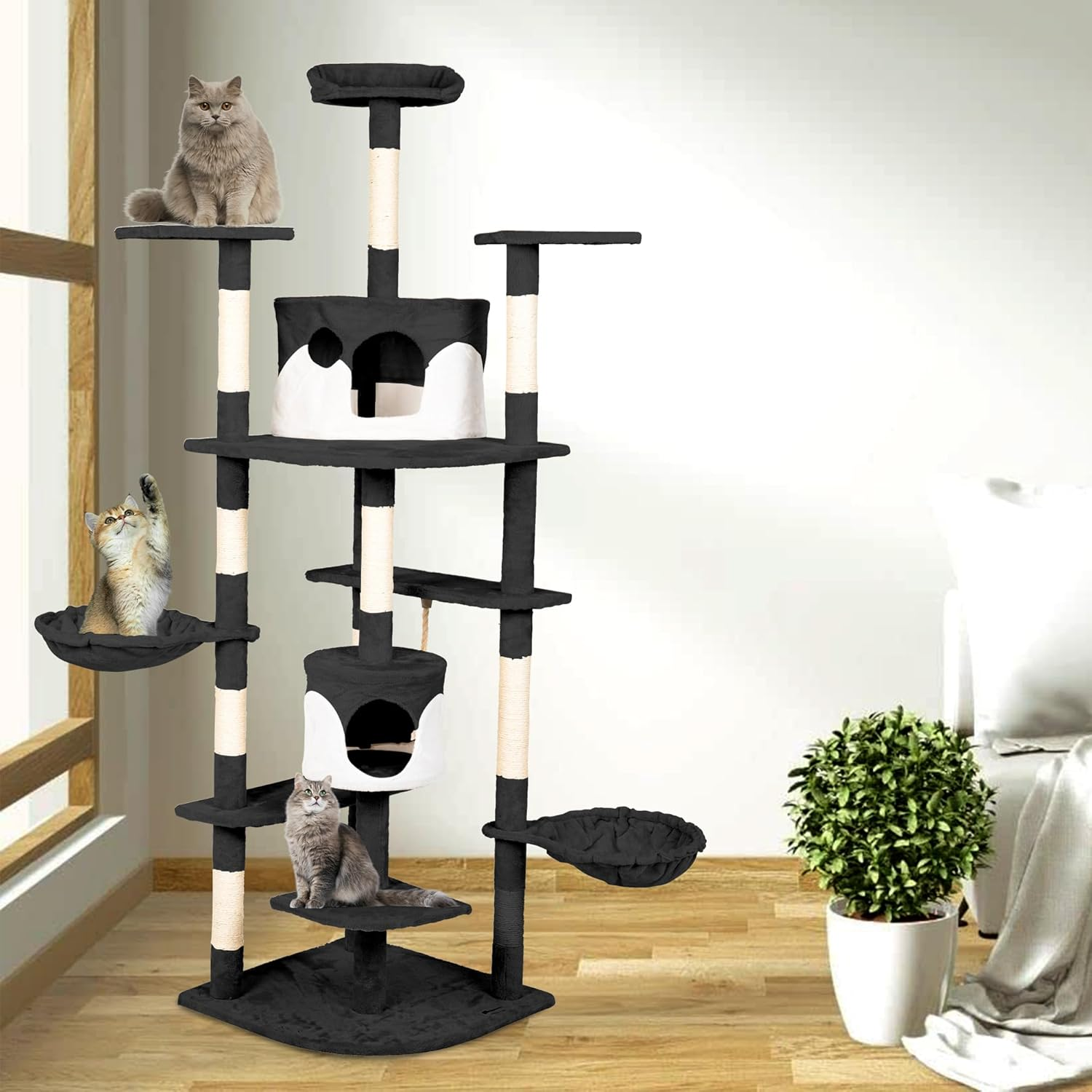Casa Basics Cat Tree Scratching Post for 1-3 Cats, Large Height 204 Cm Climbing Tower, Multi-Level Stable, Activity Trees, Platforms, Rope, Rope, Hutches, Nests, Soft Plush Fabric (Black) image number 3