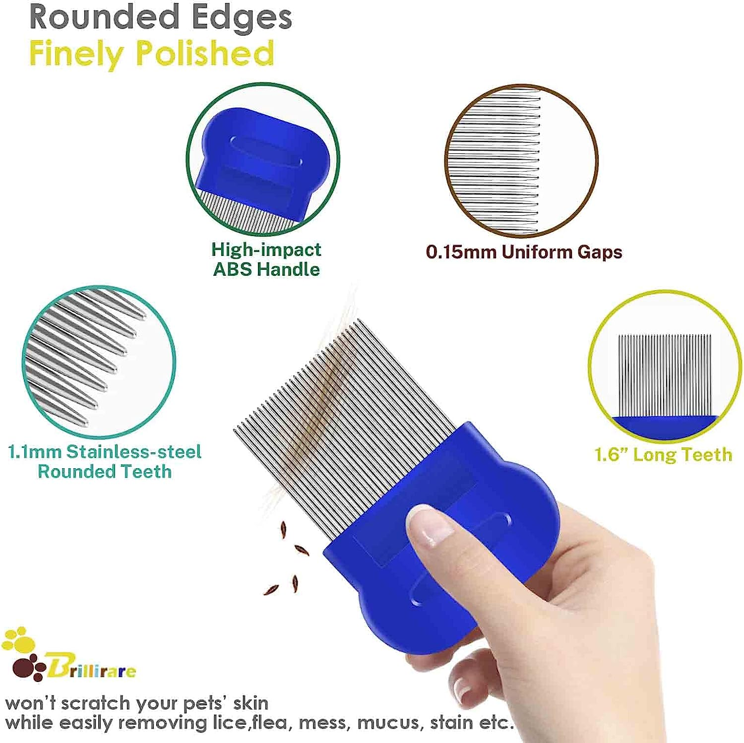 Brillirare 4 Pack Flea Lice Comb, Stainless Steel Dog Cat Grooming Combs with Rounded Teeth, Double Sided Professional Pet Tear Stain Remover, Dematting Tool for Small, Medium & Large Pets image number 1