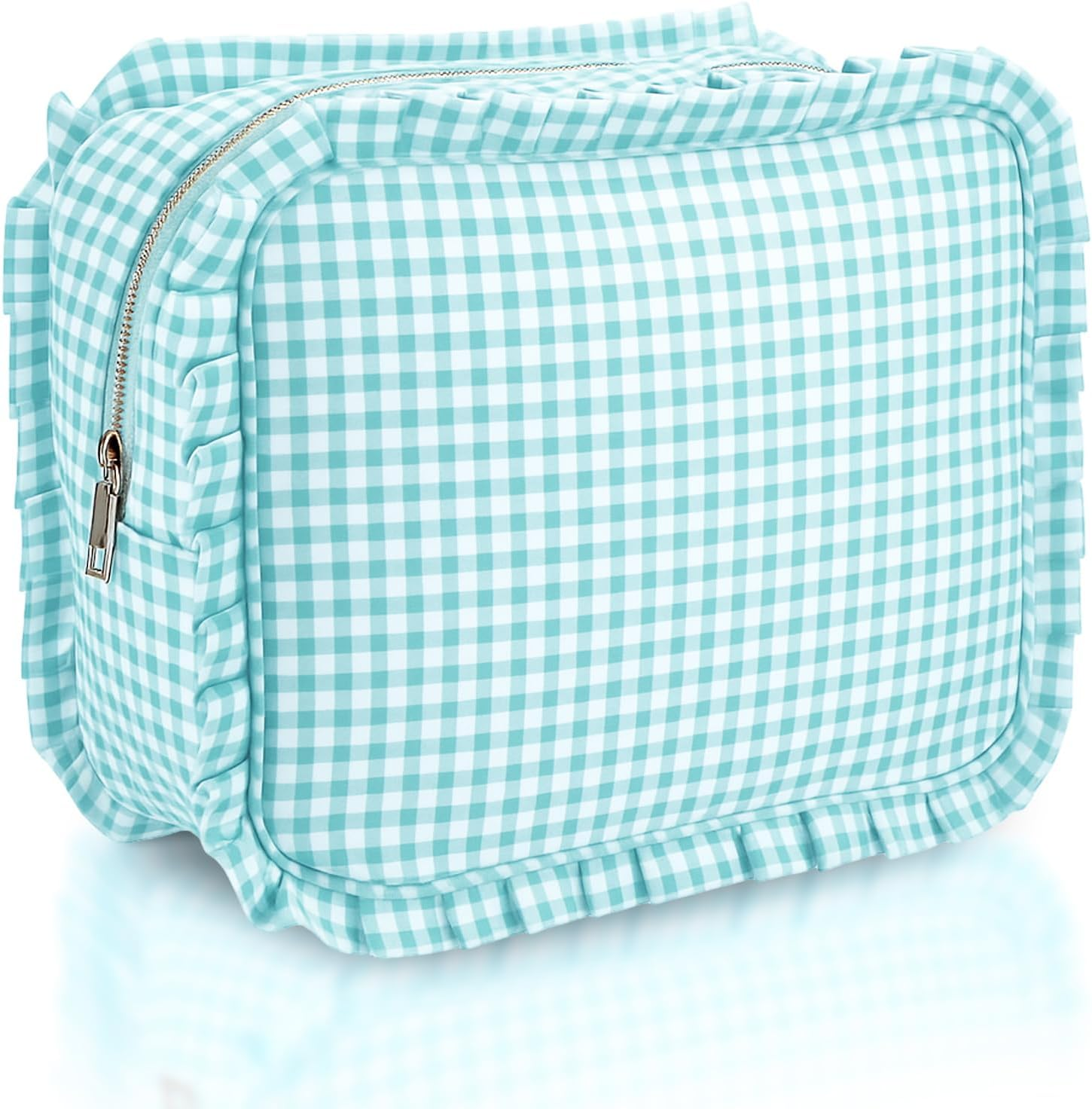Siltriangle Gingham Ruffle Makeup Bag Large Travel Cute Checkered Cosmetic Toiletry Bag with Zipper for Women Girls, Toiletry Pouch Make up Organizer Gift, Purple