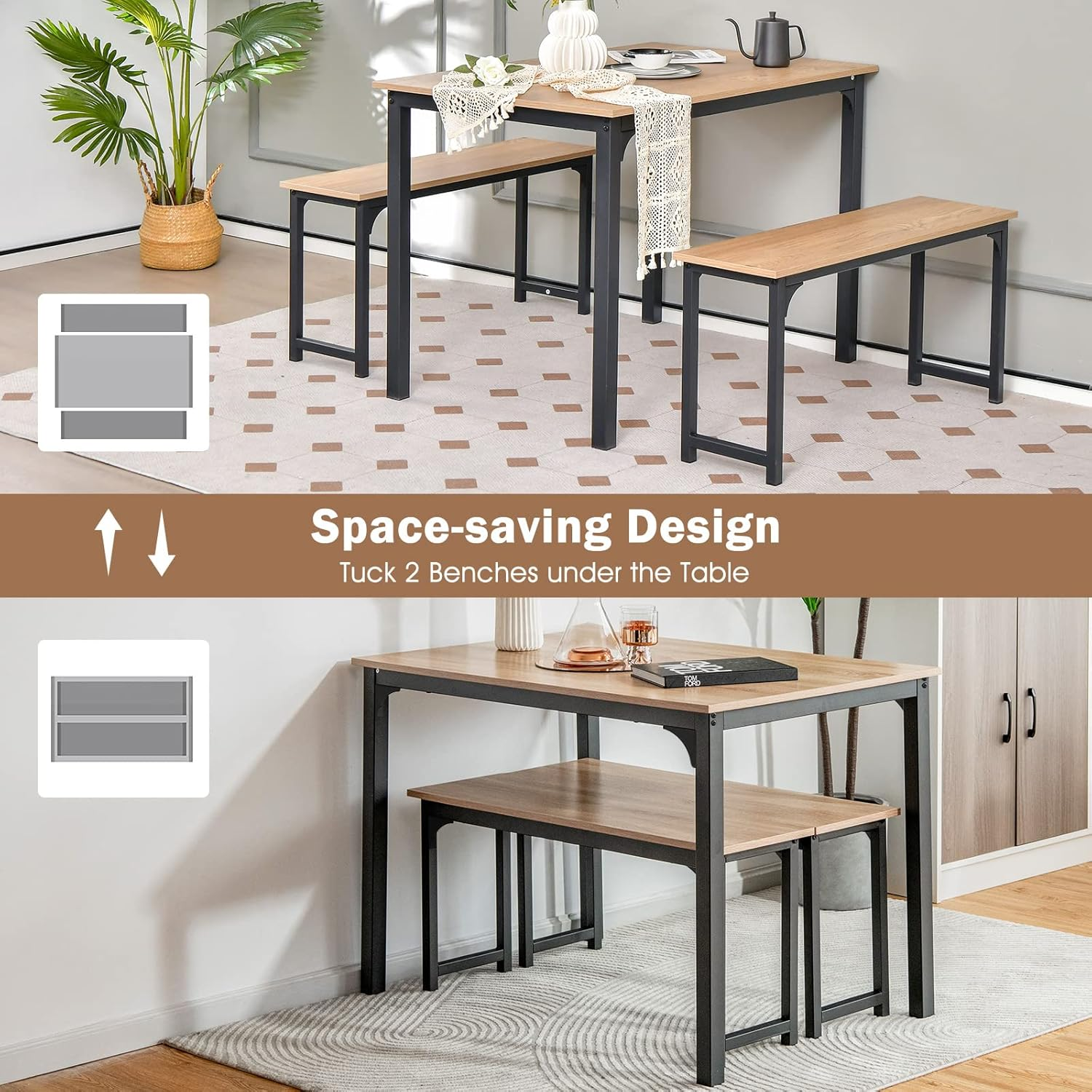 Giantex Dining Table with Bench, Modern Studio Collection Table with 2 Benches, Kitchen 3Pcs Bench Dining Table Set with Metal Frame for Living Room, Kitchen, Small Space image number 2