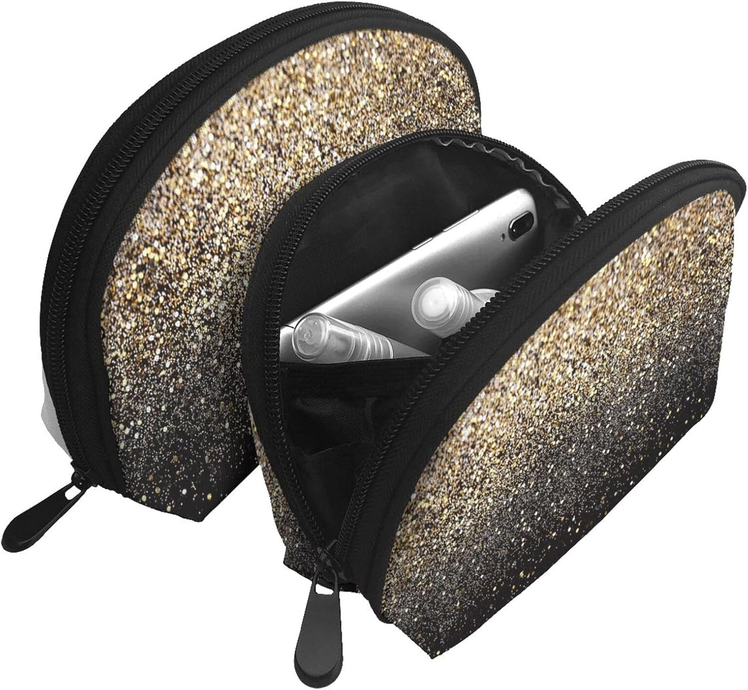 Coin Pouch Makeup Bags Set, 2 Piece Shell Shape Cosmetic Bag with Pockets for Daily Travel Handbag Lipstick Keys Toiletry, Personalized Golden Glitter Black Gold Dots image number 5