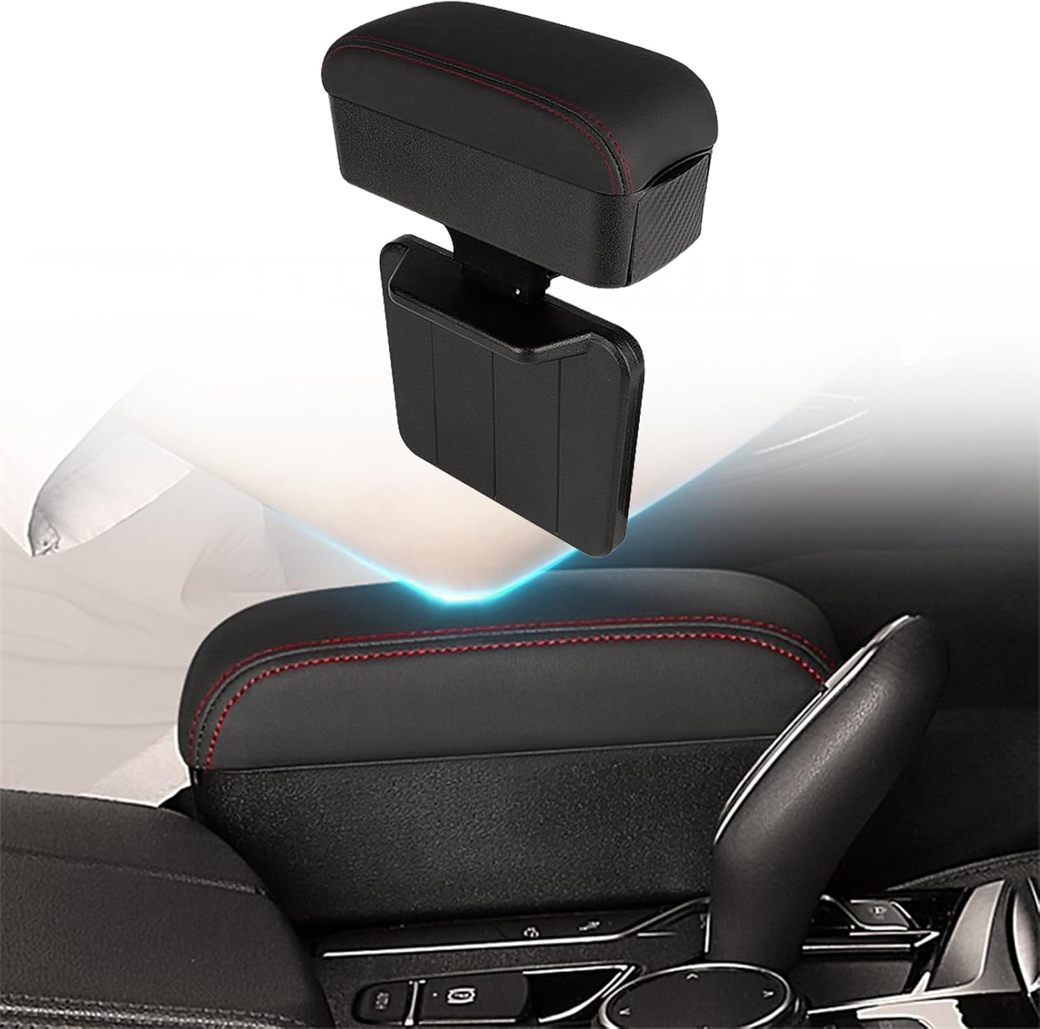 Auto Center Console Armrest Gap Filler Organizer, Car Nappa Leather Armrest Pillow with Storage Box, Arm Rest Cover Cushion with Cup Holder, Universal Adjustable High-Low Arm Rest Extender (Black)