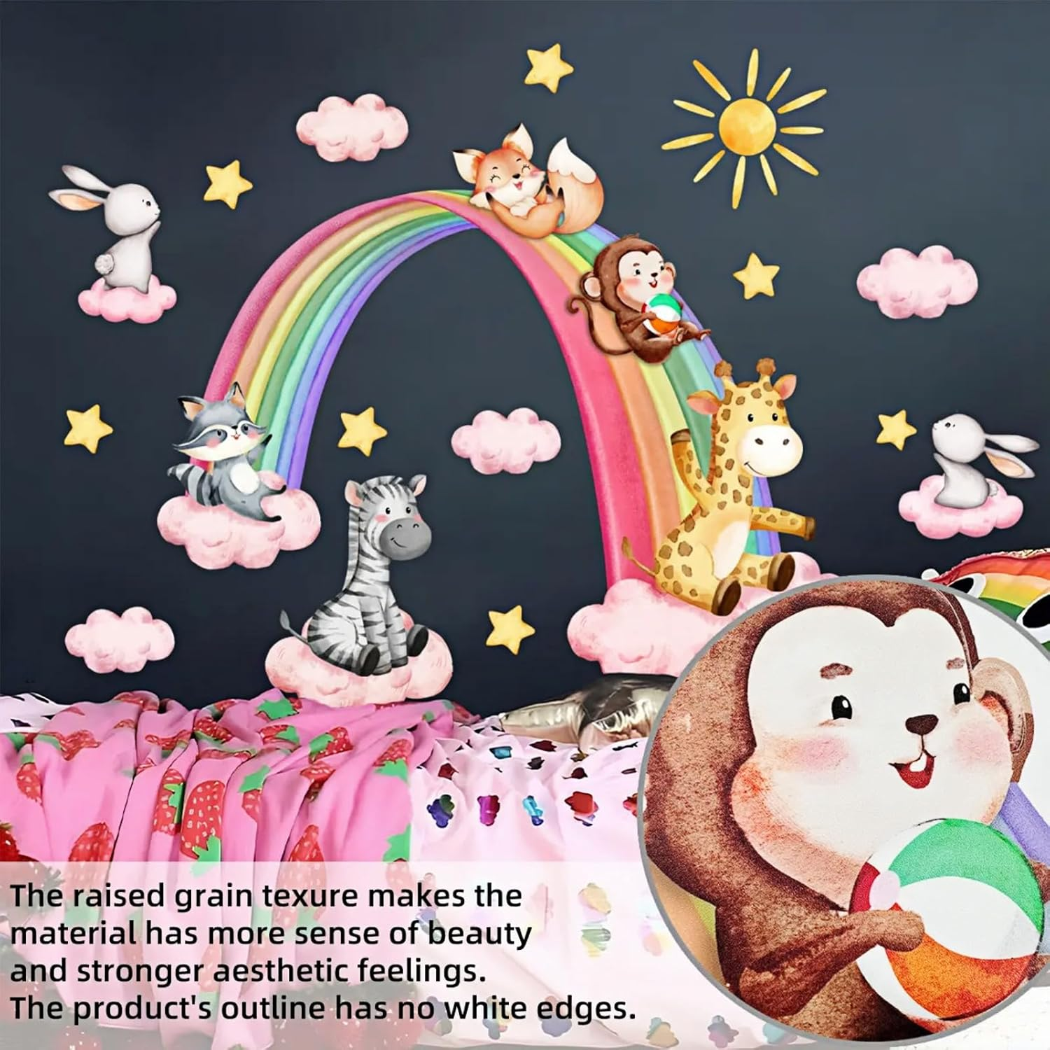 Large Rainbow Wall Stickers Jungle Animals Wall Decals, Kids Baby Girl Sun Cloud Wall Stickers for Bedroom Living Room Classroom Decor Colorful image number 1