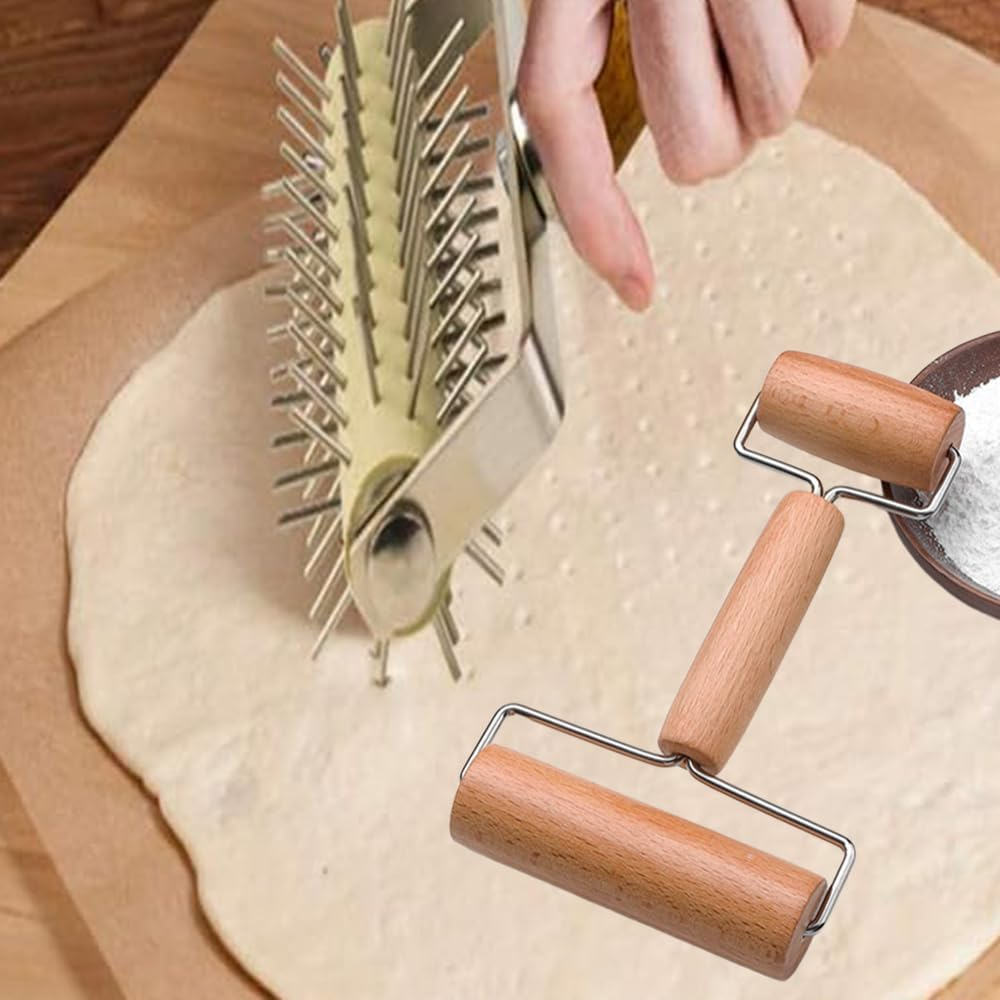 Dough Roller & Dough Docker,Baking Roller Pin Set,Hole Maker Puncher Rolling Pin Set,Baking Tools,Dough Cutter and Pin,For Pizza, Cookie, Pie, Pastry, Bread, Crust image number 4