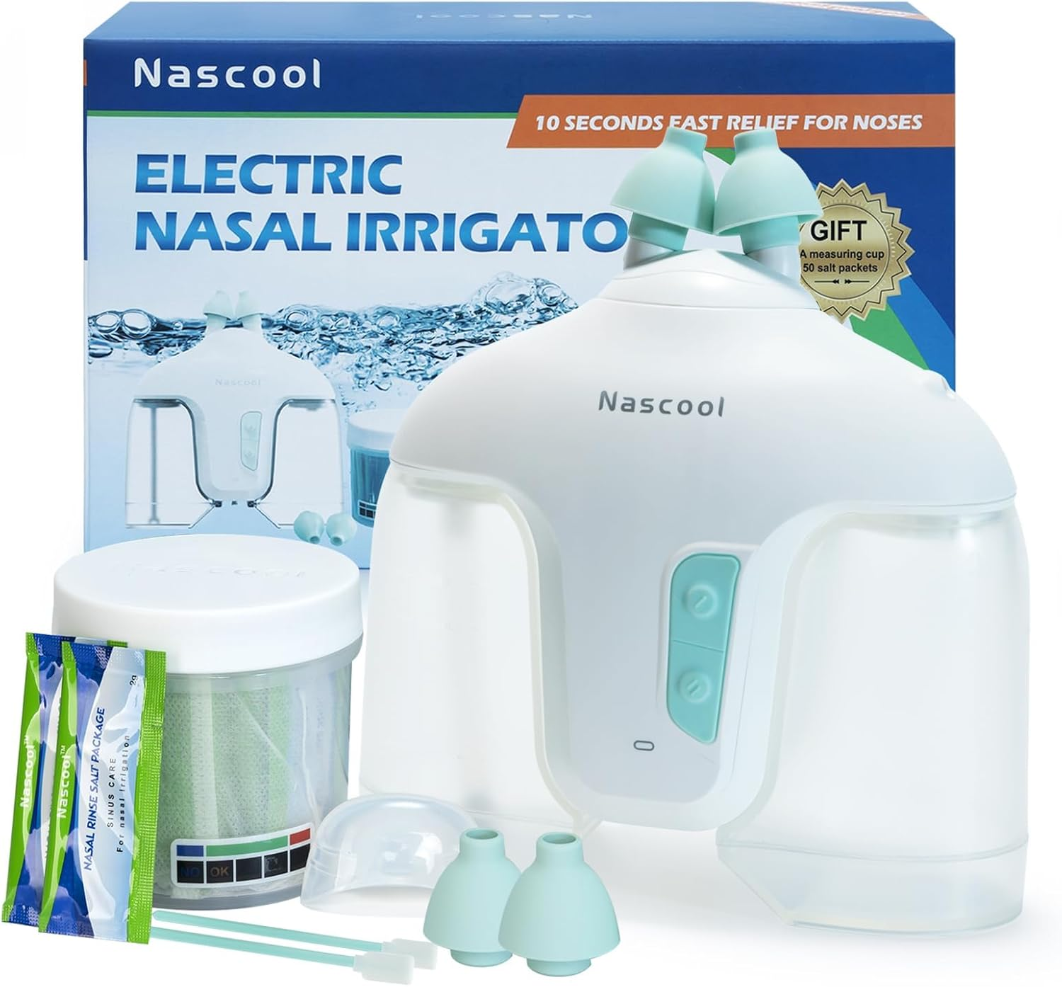 Nascool Electric Nasal Irrigation System with 50 Salt Packets, 2 Modes Nose Cleaner with Selfcleaning & Auto Waste Collection Function for Sinus Relief Runny Nose, Nasal Congestion, Itching Nose image number 3