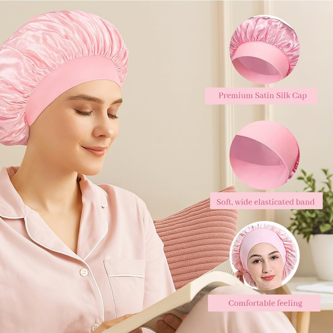 KIRZAX Pack of 2 Silk Bonnet for Sleeping, Silk Bonnet, Satin Hair Cap Bonnet for the Night, Soft Bonnet Sleep Cap, Hair Net for Women and Girls (Black + Pink) image number 4