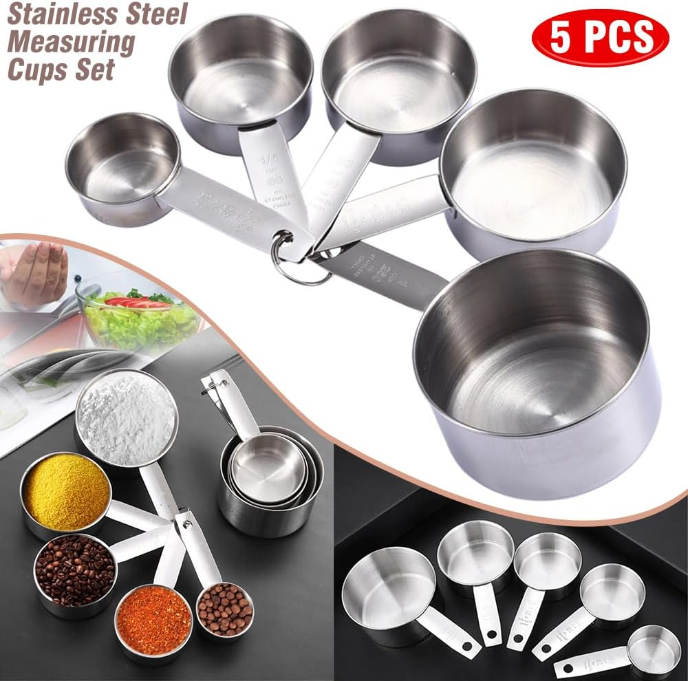 5 Pcs Stainless Steel Measuring Cups and Spoons Set Kitchen Baking Gadget Tools image number 2