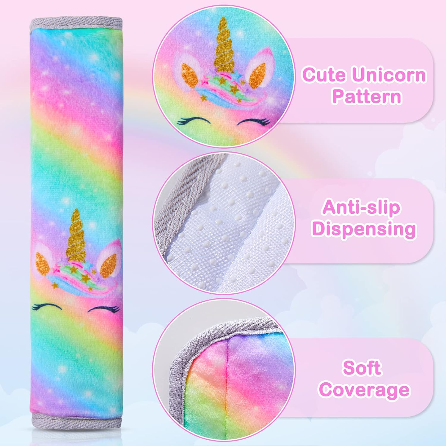 MHJY Seat Belt Pads for Kids Seatbelt Strap Cover 2 Packs Unicorn Car Seat Belt Covers Soft Comfortable Harness Pad for Toddlers Girls Boys Children, Rainbow - Dark Purple image number 4