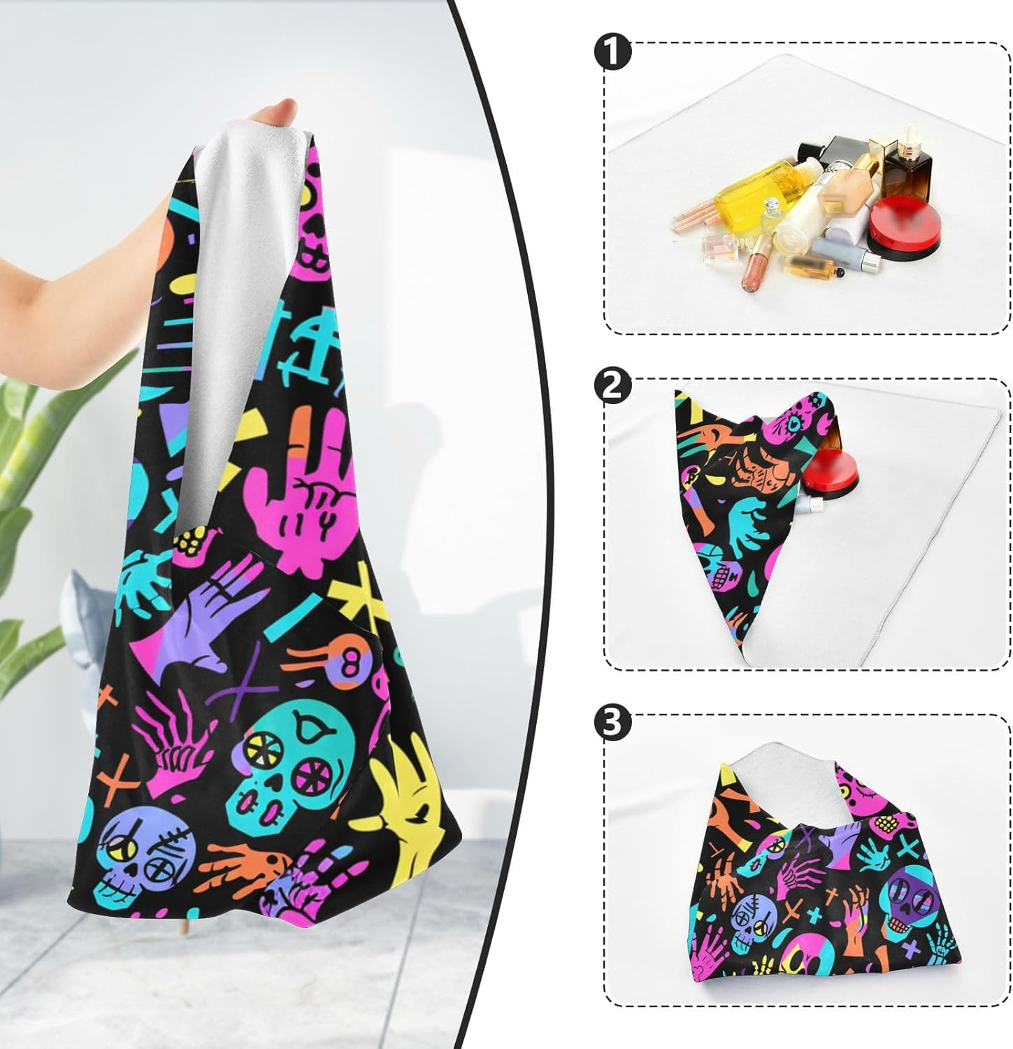 Guoche Magic Self-Adhesive Cosmetic Pouchs Cloth Funny Colorful Skeletons Skulls Doodle Black Organizer Wrap Camera Lens Cloth Wrapper Makeup for Women 21.7 X 21.7, Funny Colorful Skeletons Skulls image number 5