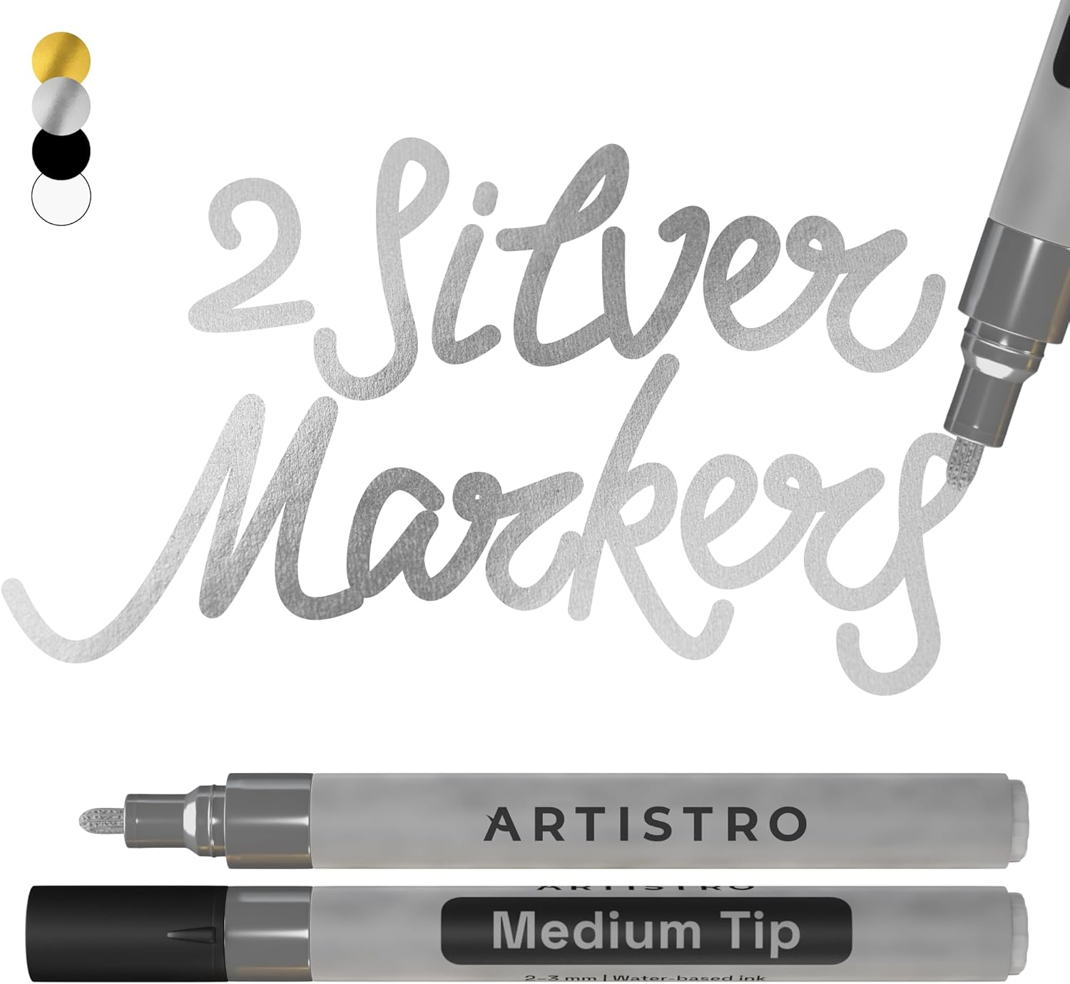 ARTISTRO 2 Silver Acrylic Paint Pens for Rock Ceramic Wood Glass Metal Fabric Plastic - 3Mm Metallic Paint Markers Ideal for Scrapbooking DIY Crafts Art Projects image number 1