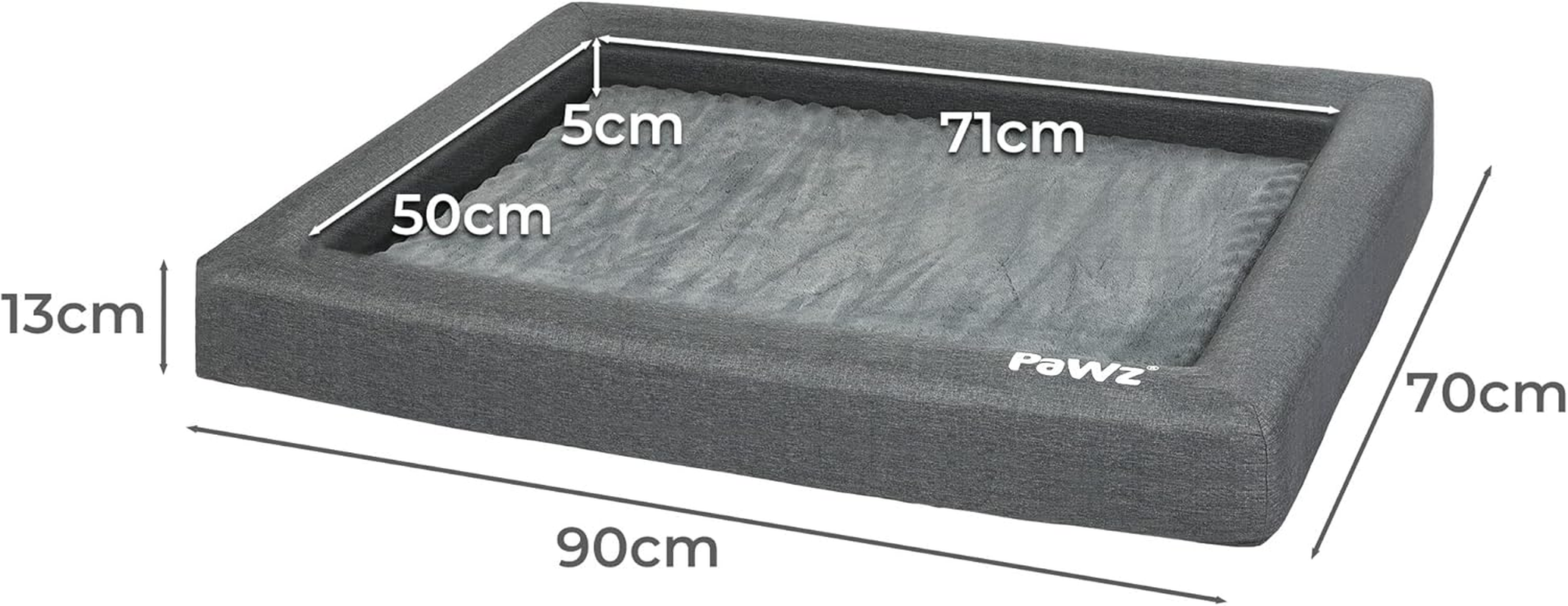 Pawz Memory Foam Pet Bed - Dog, Cat, Cushion, Sofa, Mattress, Bolster, Washable, Removeable, Grey, Removable Zipper Machine Washable Pet Mat, Waterproof Inner Liner Dog Bed, Memory Foam Pet Pillow