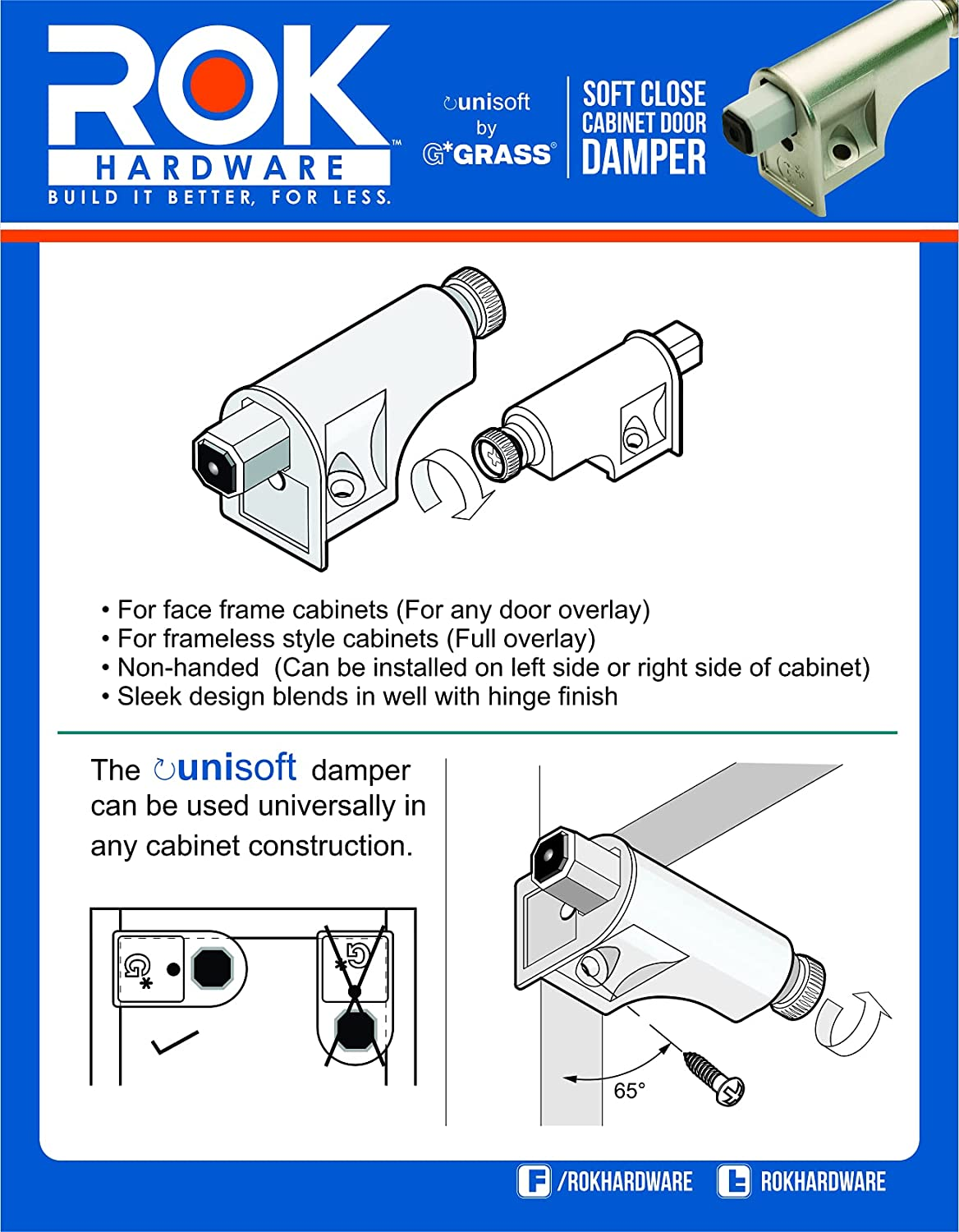 Rok Hardware 25 Pack Soft Close Damper for Cabinet Doors/Compact/Soft Close Adapter/Hardware/Nickel/Hinge image number 4