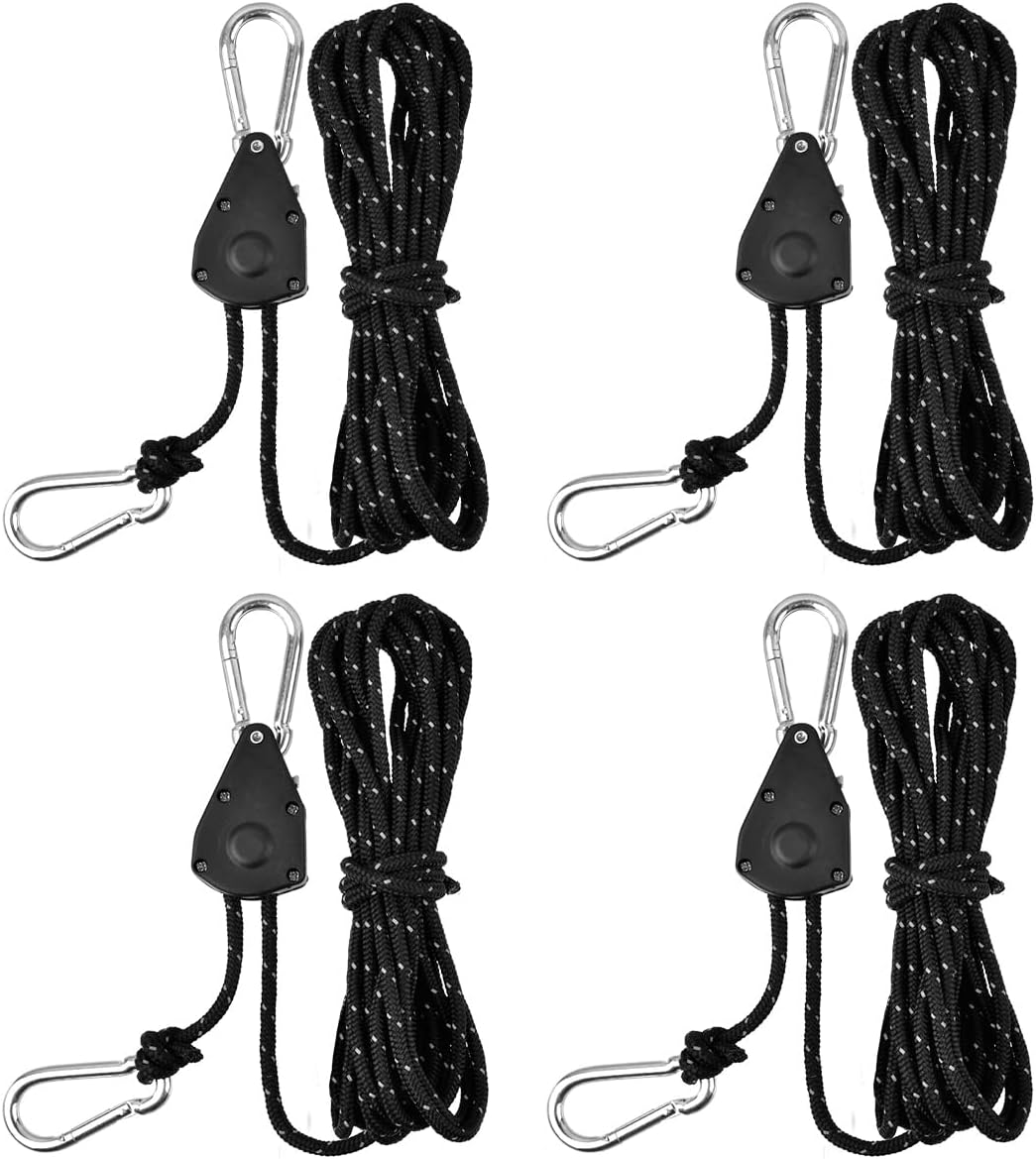 4M Reflective Tent Guy Ropes Ratchet 4PCS, 4Mm Tent Guy Ropes Tensioners with Pulley, Adjustable Tent Camping Rope Cord Heavy Duty Tent Guide Rope Grow Lights Ratchet Hangers for Awning Camping Hiking image number 1