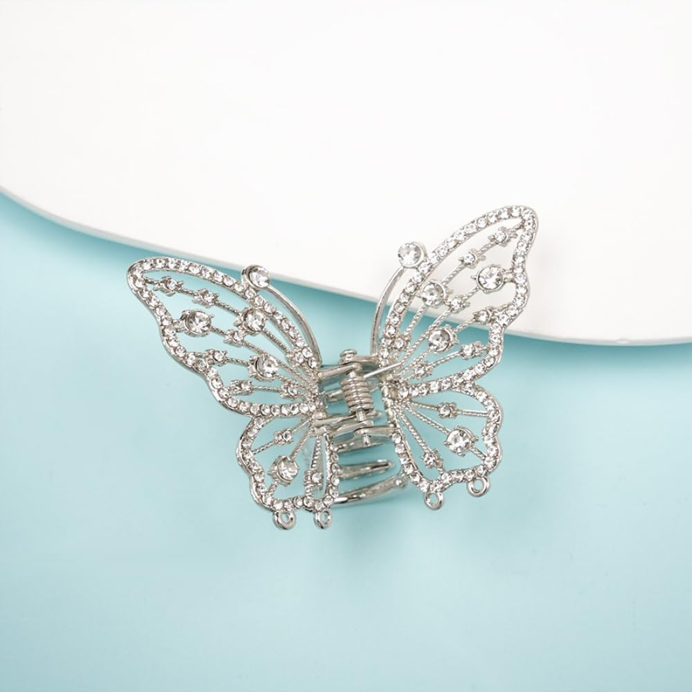 Pack of 2 Butterfly Hair Clips Women'S Hair Clips Metal Rhinestones Hair Pin Hair Clip Non-Slip Hair Claw Clips Hair Accessories Headwear for Daily Wear, Silver