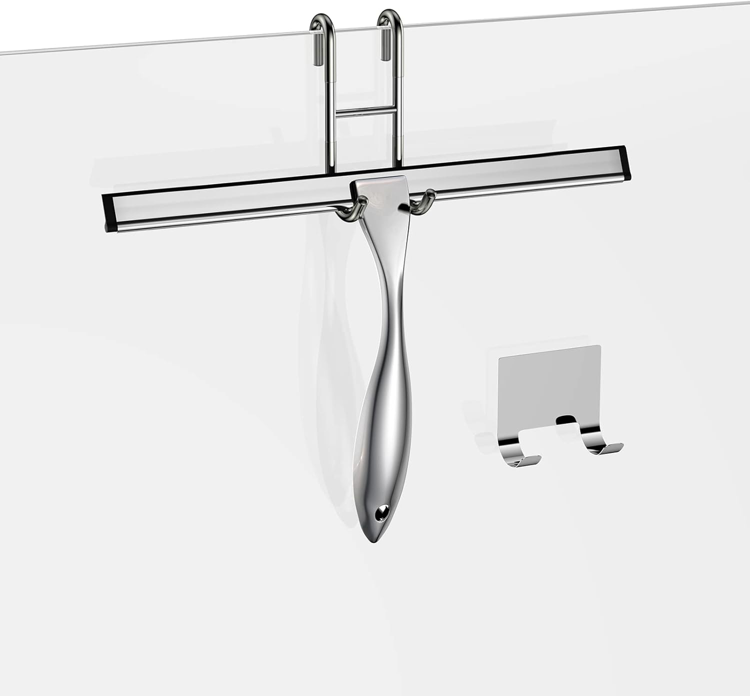 Shower Squeegee Set, 14-Inch Stainless Steel All-Purpose Squeegee for Bathroom, Doors, Mirrors, Tiles, and Car Windows - 100% Streak Free, Includes Door Hook and Adhesive Hook