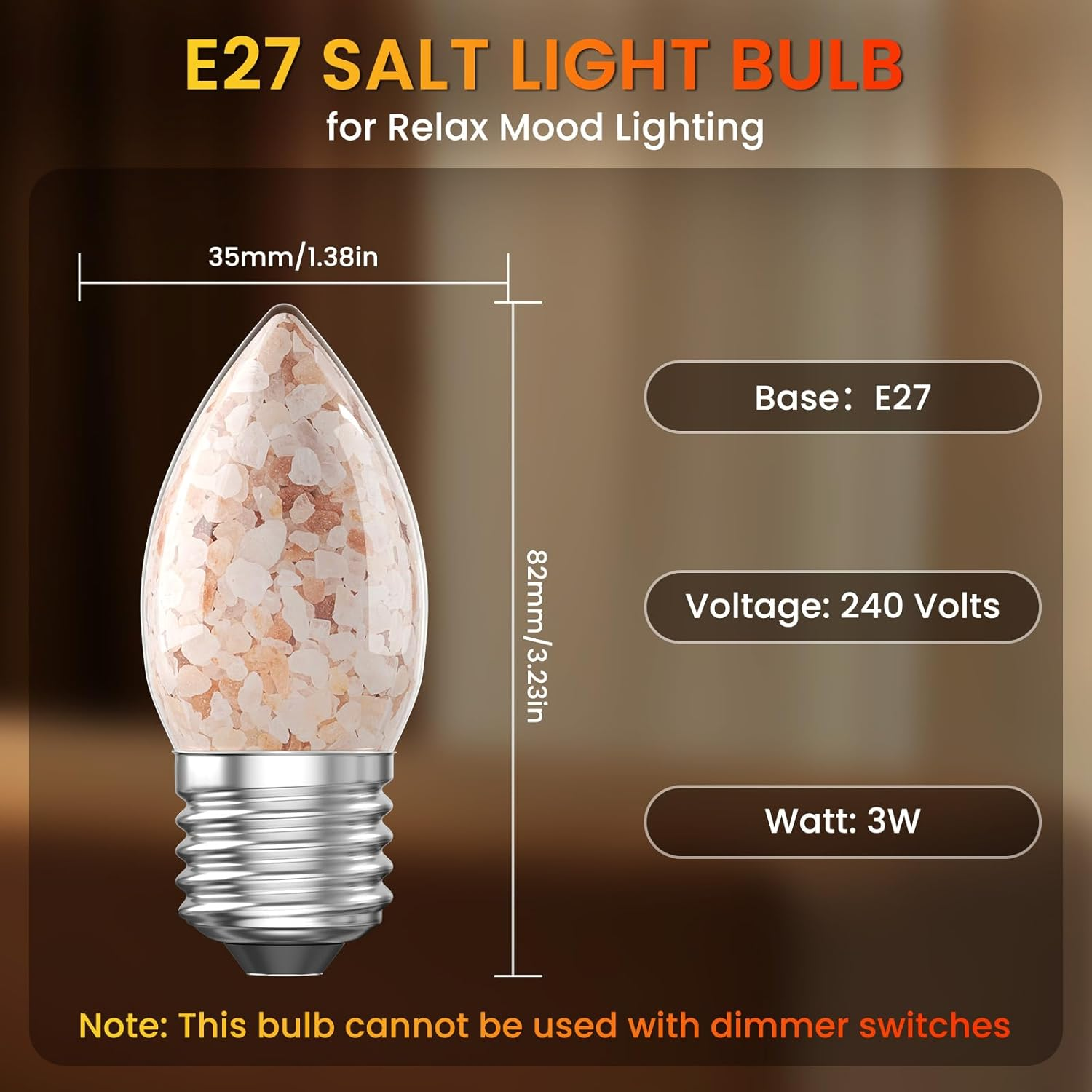 Brightark Himalayan Salt Lamp LED Light Bulbs, E27 2200K Warm Amber Pink, 3W Mood Lighting Night Light, C35 Salt Rock Stress Relief Bulbs for Bedroom, Decor, Sleep Light, Non-Dimmable, 2Pack