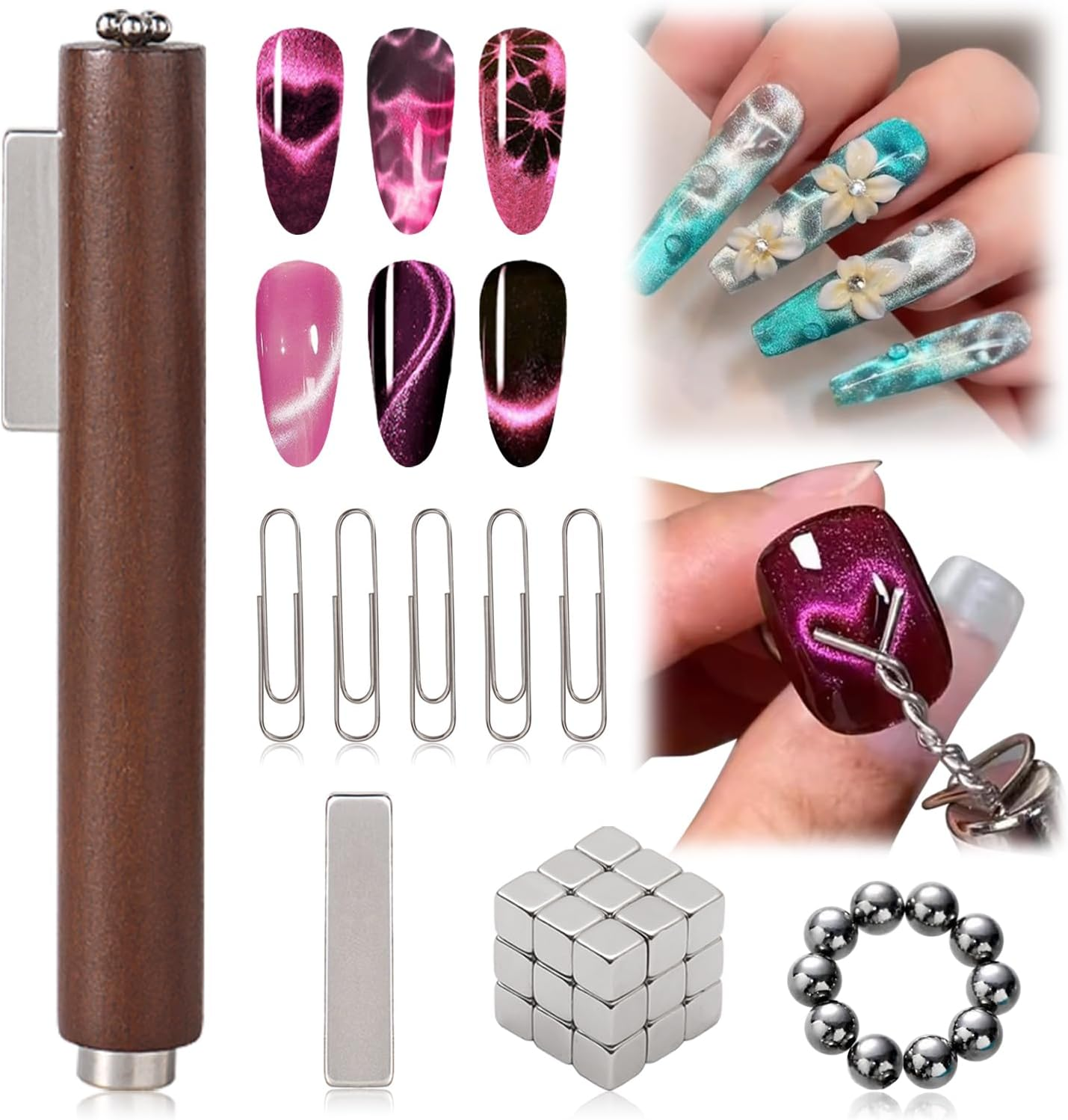 ESUOHYM 44Pcs Cat Eye Magnet for Nails Kits with 3 in 1 Magnets, Strong Square and Ball Magnets, Paper Clip for Heart Nail Magnet Sets Cateye Gel Polish Diy Design Tools for Home, Salon image number 4