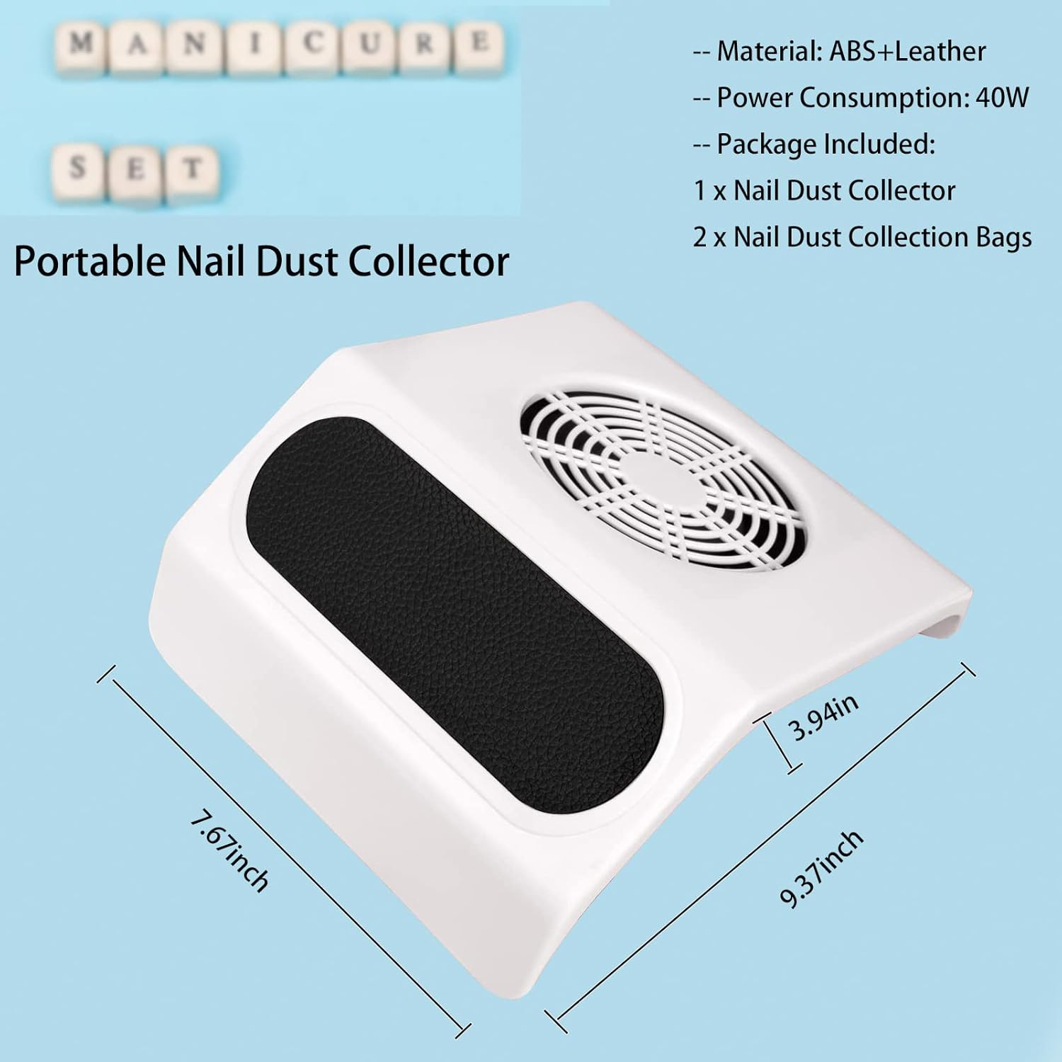 40W Portable Nail Vacuum Cleaner, Nail Dust Collector with 2 Dust Collecting Bags (White) image number 5