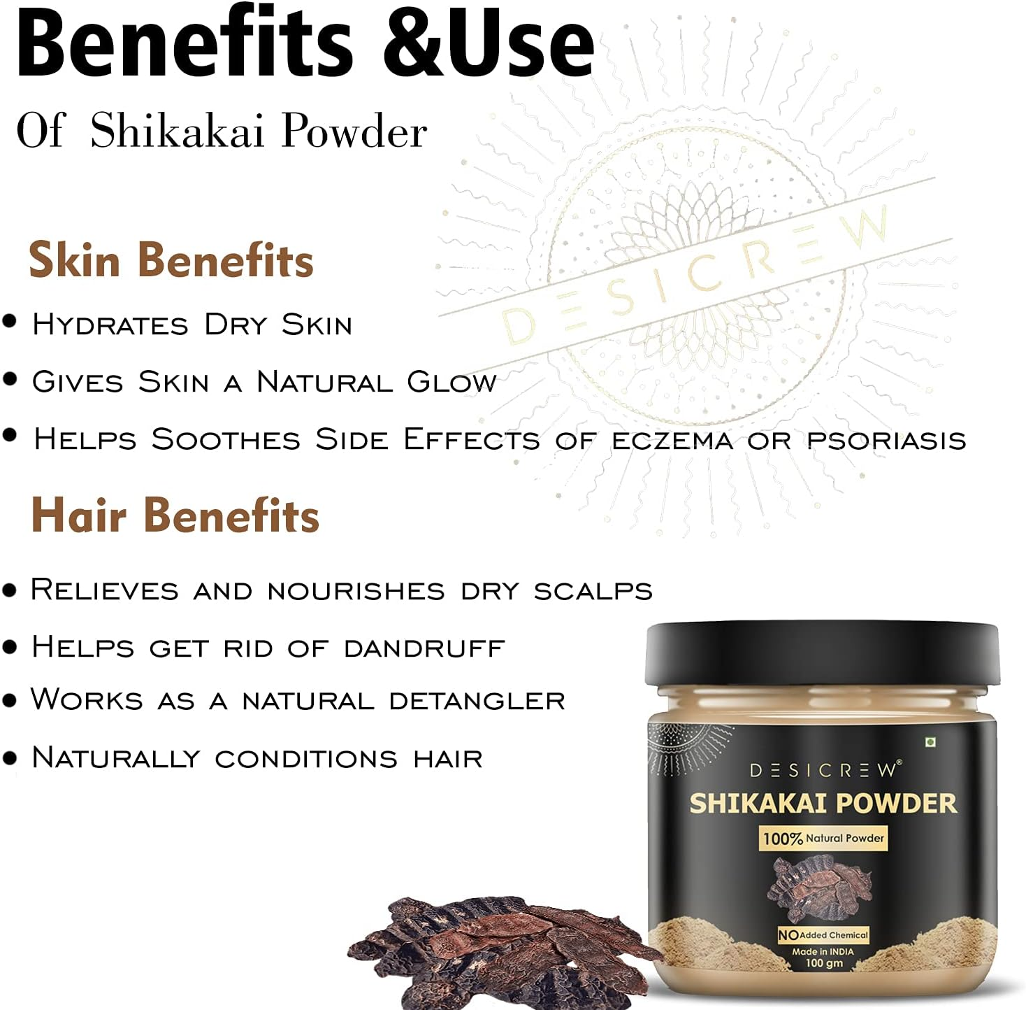 DESICREW Natural & Pure Shikakai Powder for Natural Texture & Colour, Nourishment, Strong, Shiny, Silky,Healthy Scalp, Dandruff & Spilt Ends Free Hair Pack 200 GM image number 1