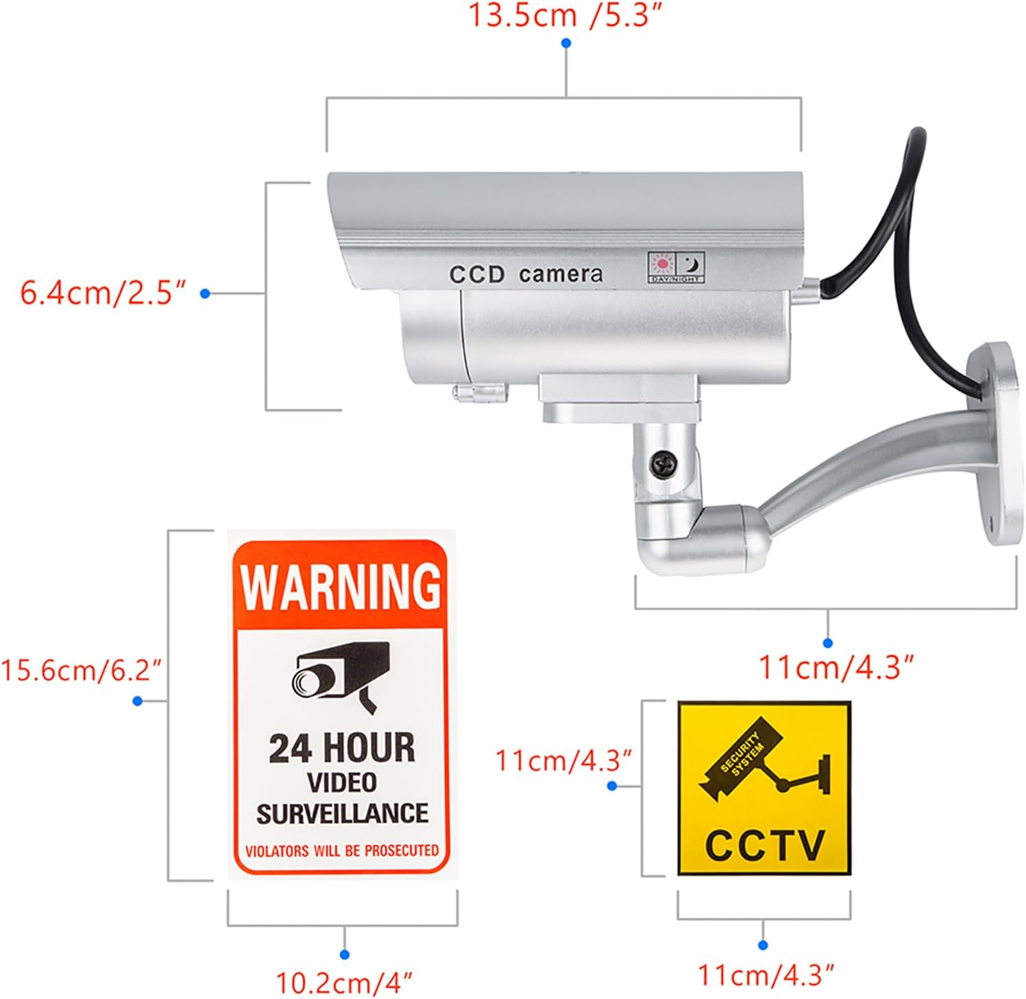 Findtop Dummy Camera CCTV Surveillance System with Realistic Simulated Leds, Dummy Security Camera with 6 Pcs Warning Security Alert Sticker Decals image number 1